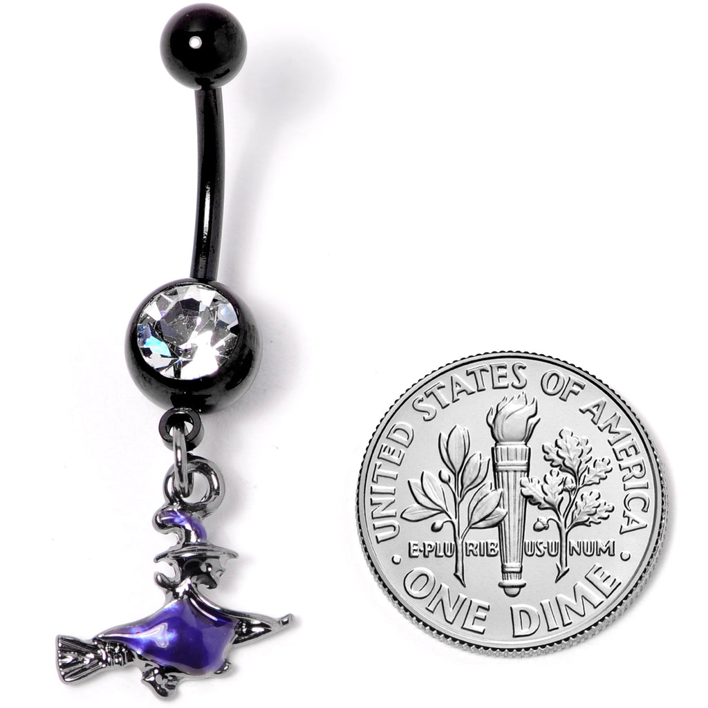 BodyCandy Clear Gem Black Purple Broom Witch Halloween Dangle Belly Ring — detail close-up