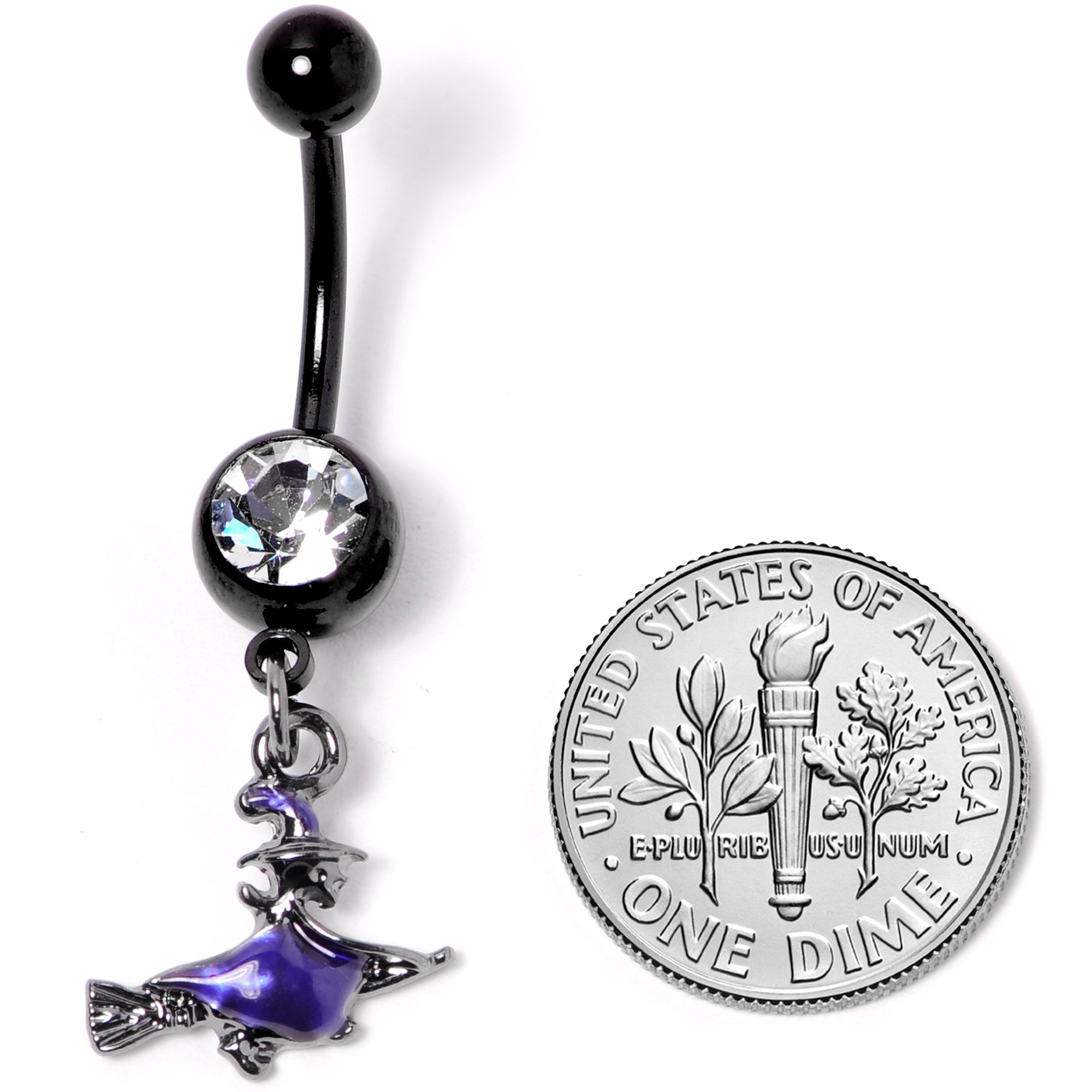 BodyCandy Clear Gem Black Purple Broom Witch Halloween Dangle Belly Ring — detail close-up