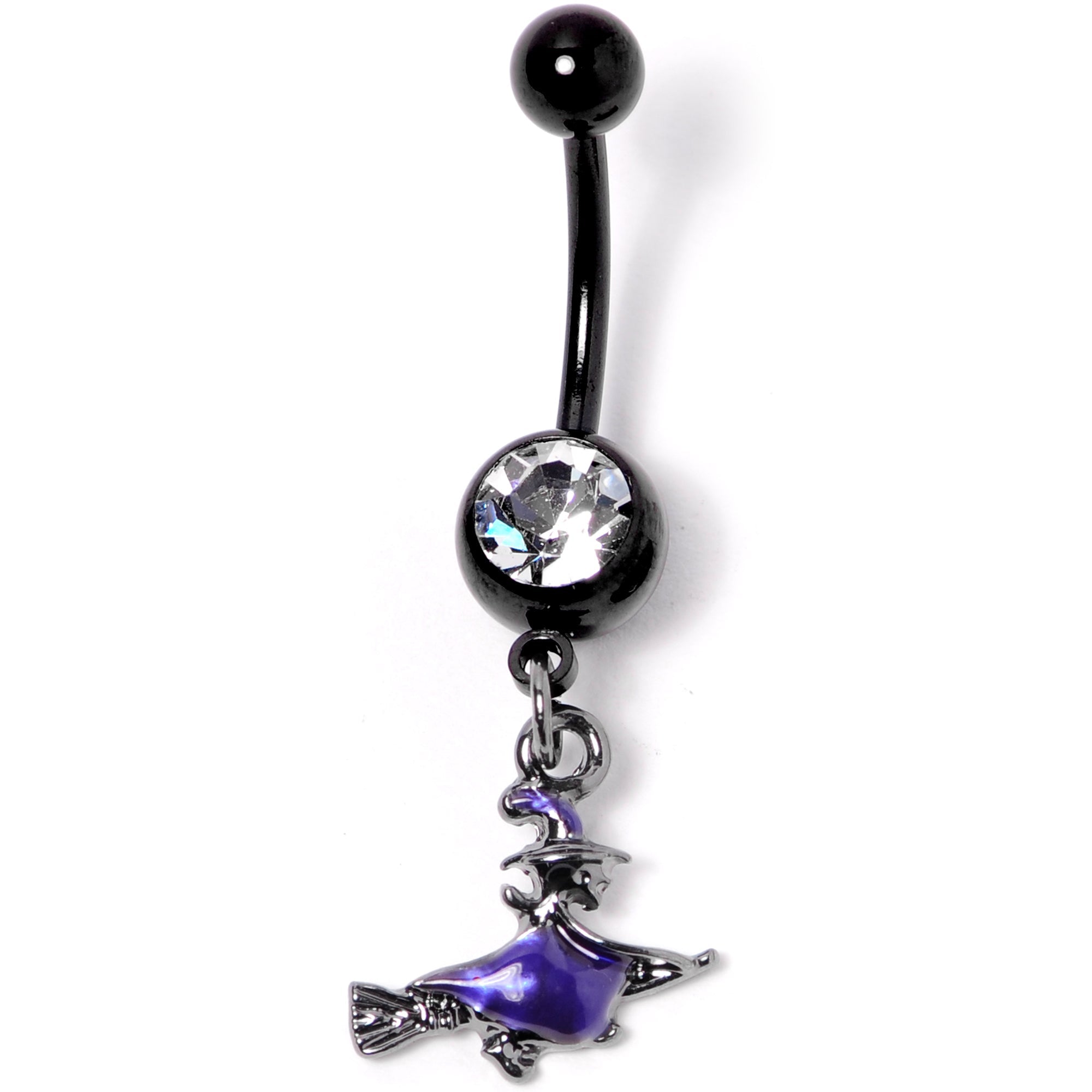 BodyCandy Clear Gem Black Purple Broom Witch Halloween Dangle Belly Ring — lifestyle context