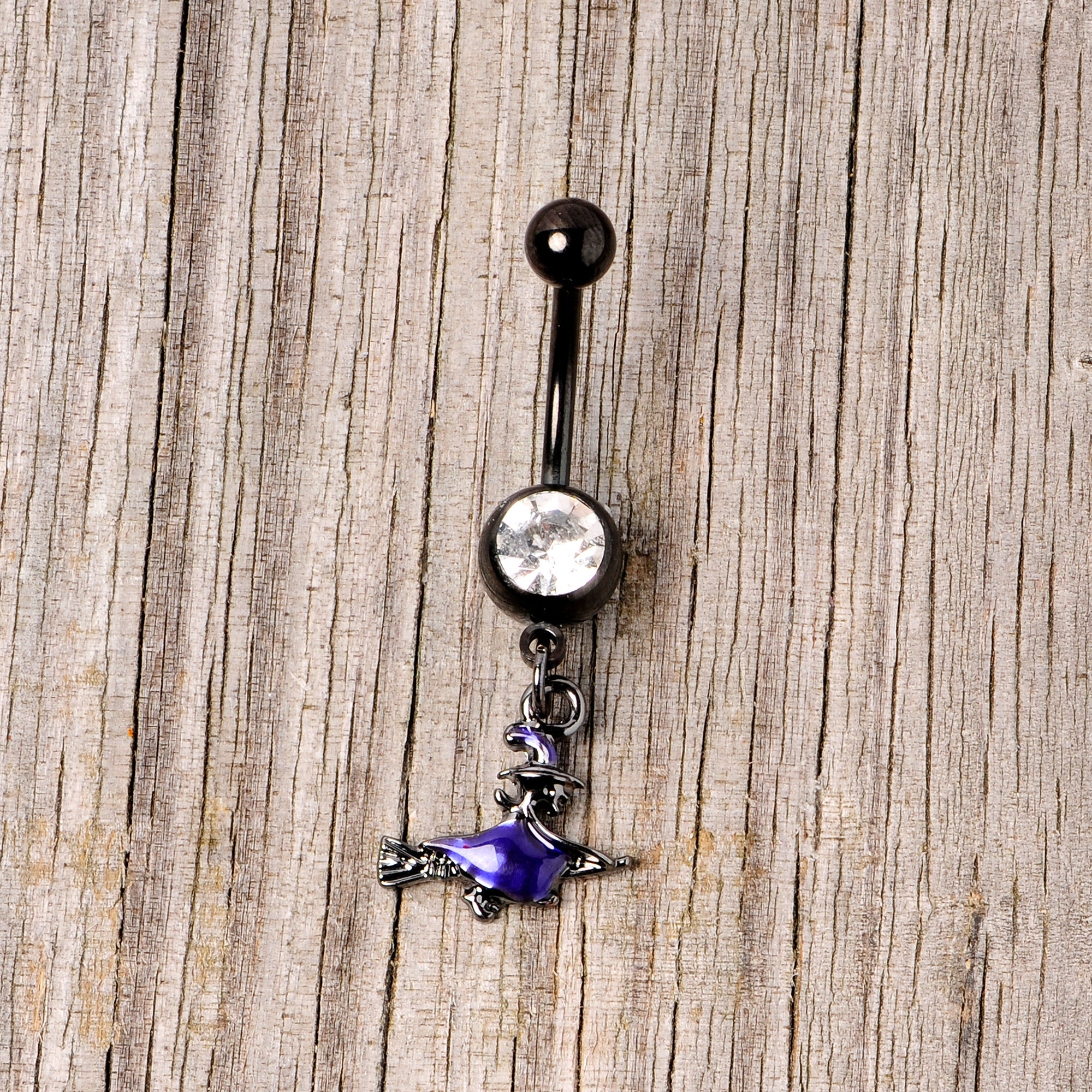 BodyCandy Clear Gem Black Purple Broom Witch Halloween Dangle Belly Ring — side view