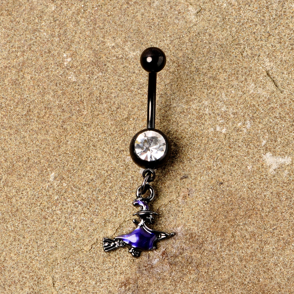 BodyCandy Clear Gem Black Purple Broom Witch Halloween Dangle Belly Ring — back view