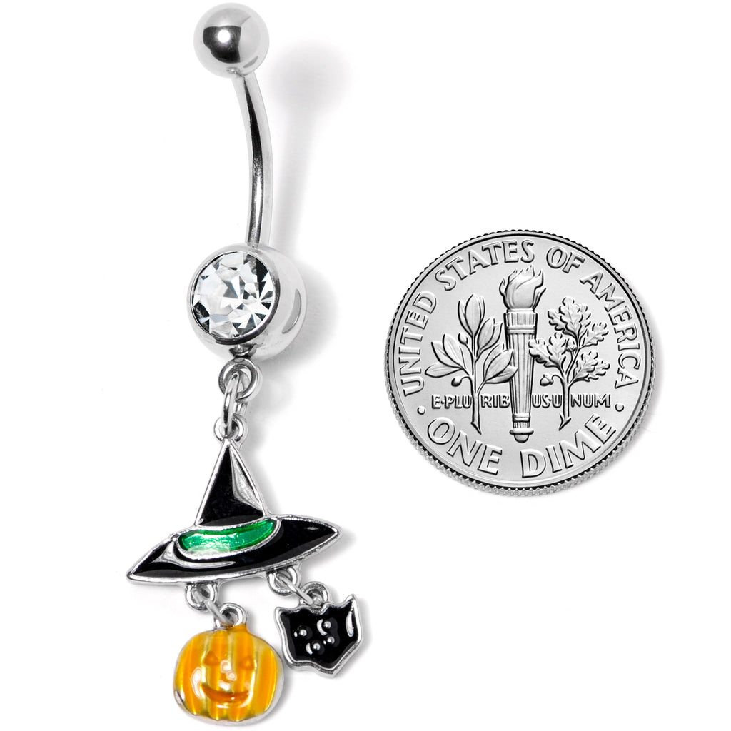 BodyCandy Clear Gem Witch Hat Bat Orange Pumpkin Halloween Dangle Belly Ring — detail close-up