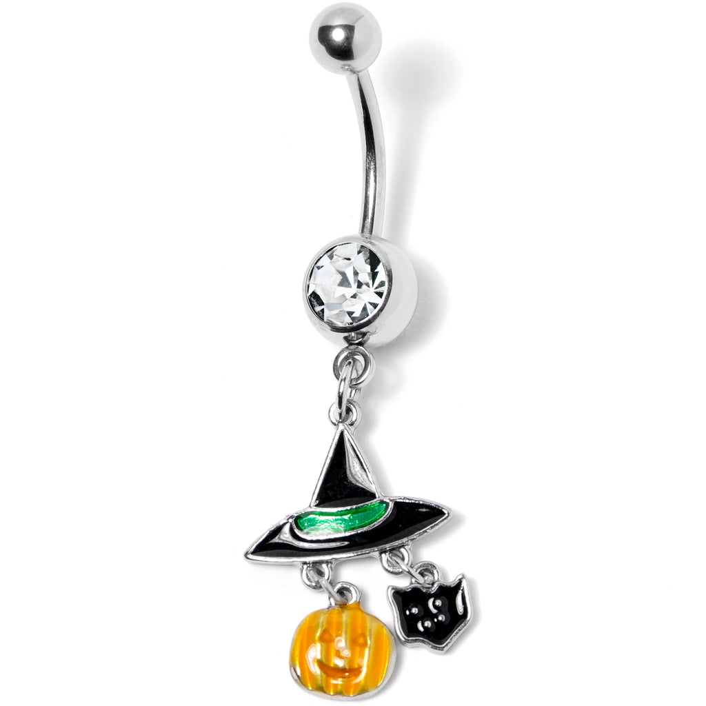 BodyCandy Clear Gem Witch Hat Bat Orange Pumpkin Halloween Dangle Belly Ring — lifestyle context