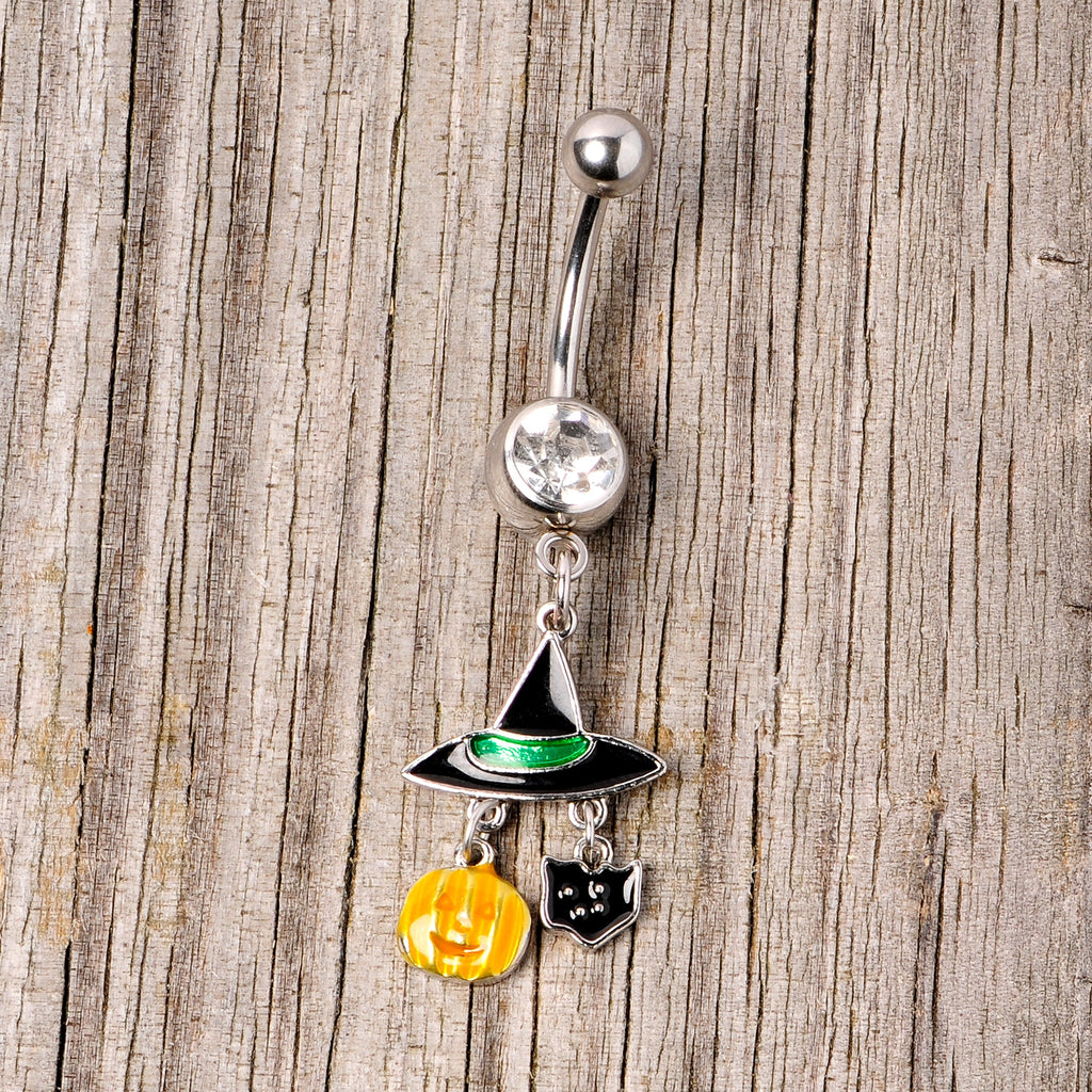 BodyCandy Clear Gem Witch Hat Bat Orange Pumpkin Halloween Dangle Belly Ring — side view