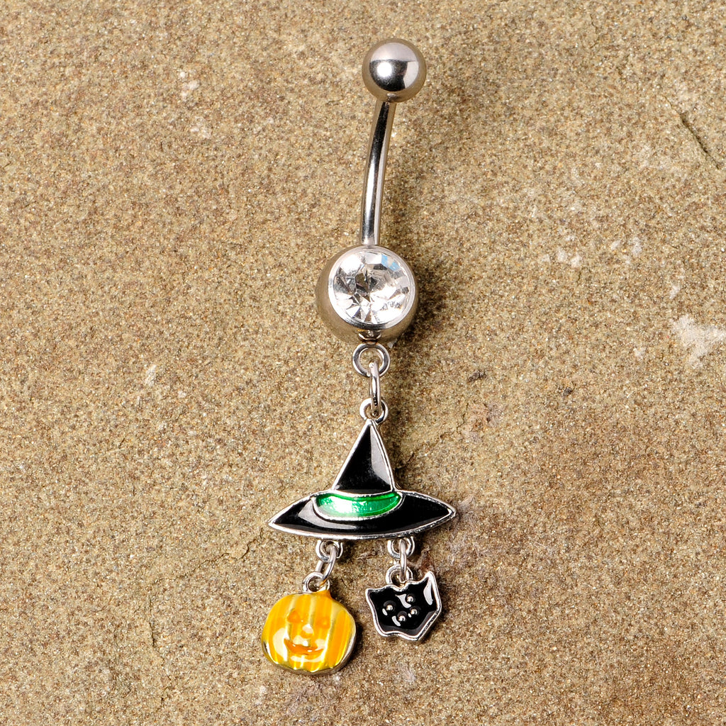 BodyCandy Clear Gem Witch Hat Bat Orange Pumpkin Halloween Dangle Belly Ring — back view