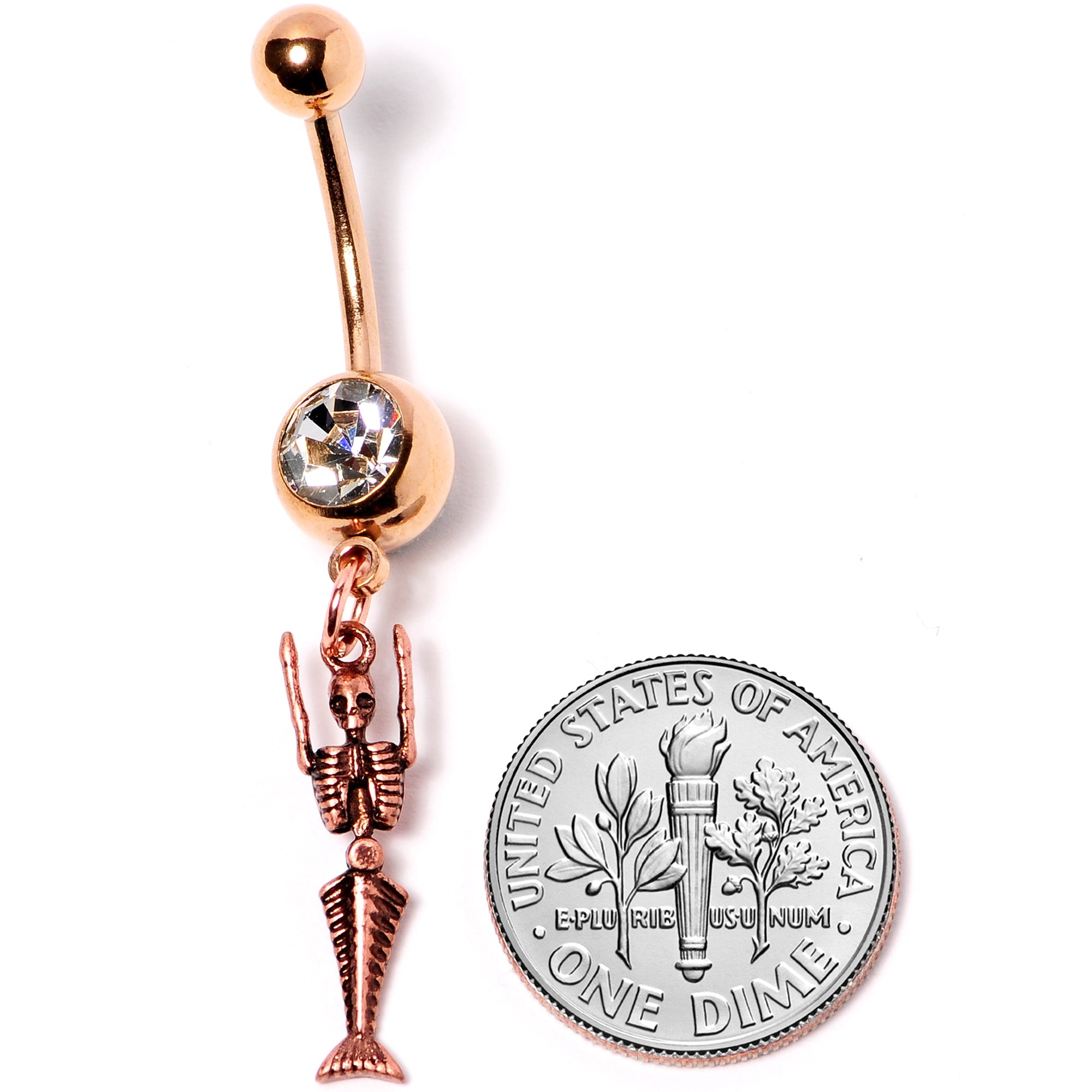 BodyCandy Clear Gem Rose Gold Tone Mermaid Skeleton Halloween Dangle Belly Ring — detail close-up