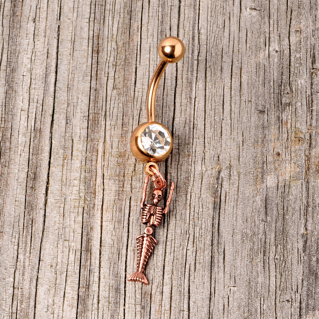 BodyCandy Clear Gem Rose Gold Tone Mermaid Skeleton Halloween Dangle Belly Ring — side view