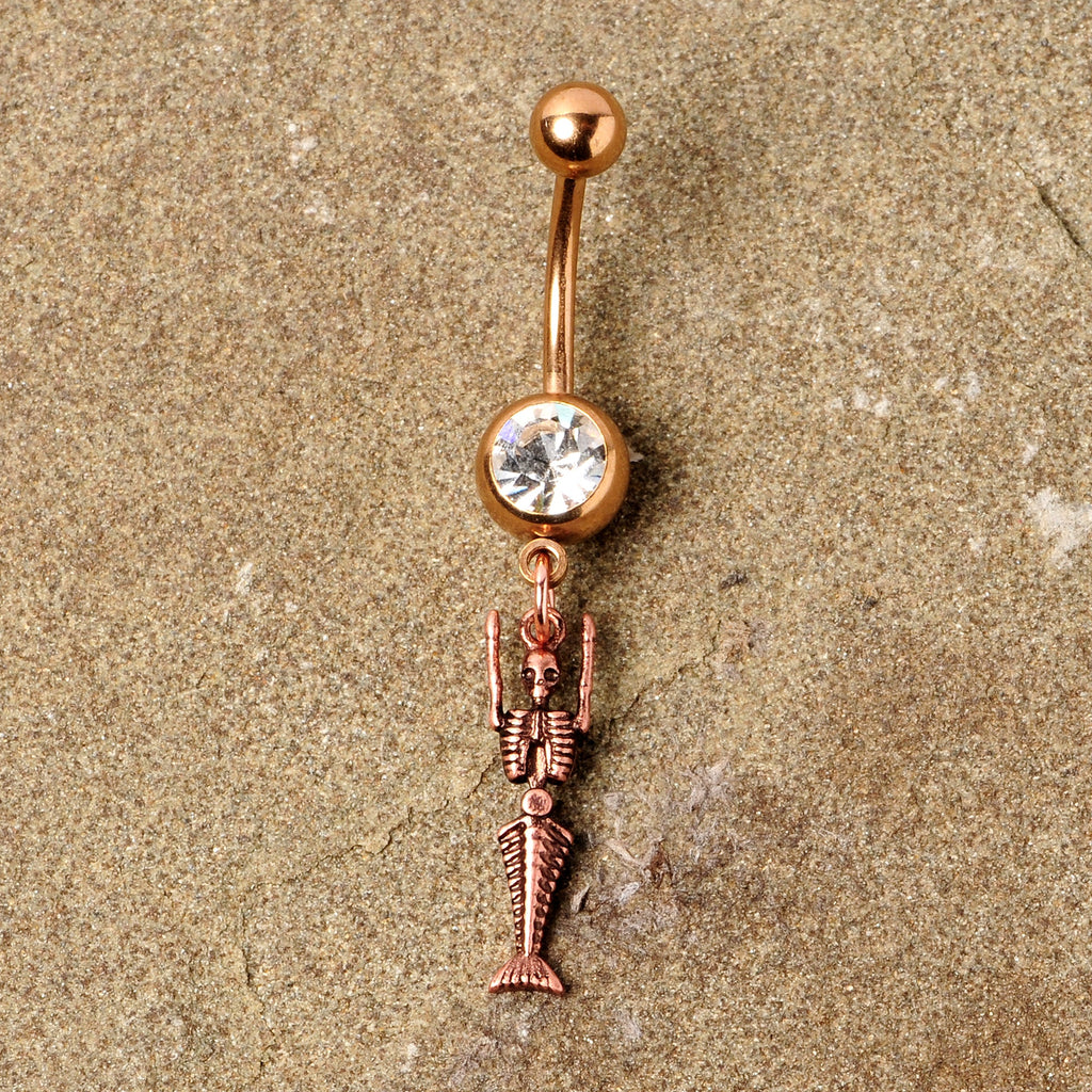 BodyCandy Clear Gem Rose Gold Tone Mermaid Skeleton Halloween Dangle Belly Ring — back view