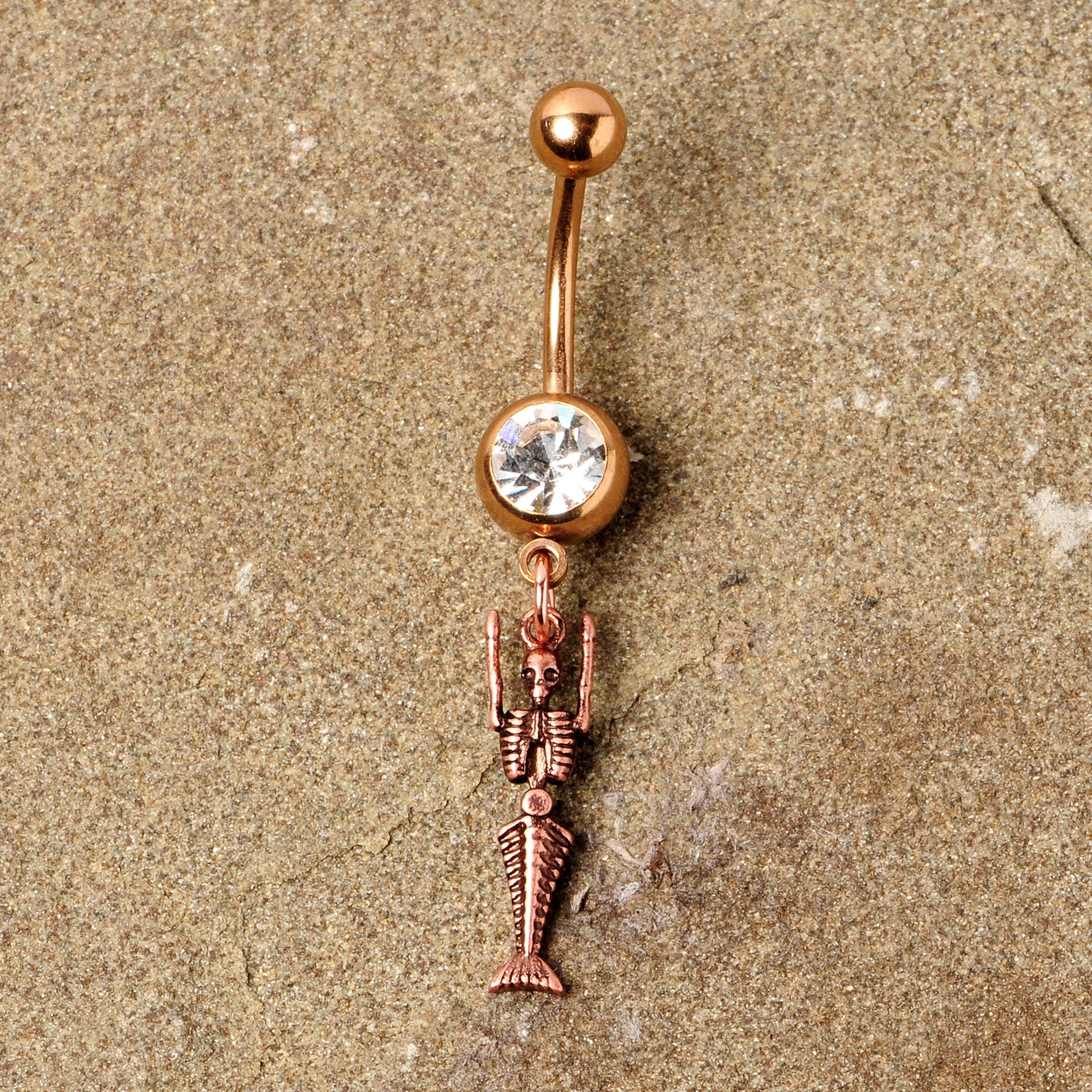 BodyCandy Clear Gem Rose Gold Tone Mermaid Skeleton Halloween Dangle Belly Ring — back view
