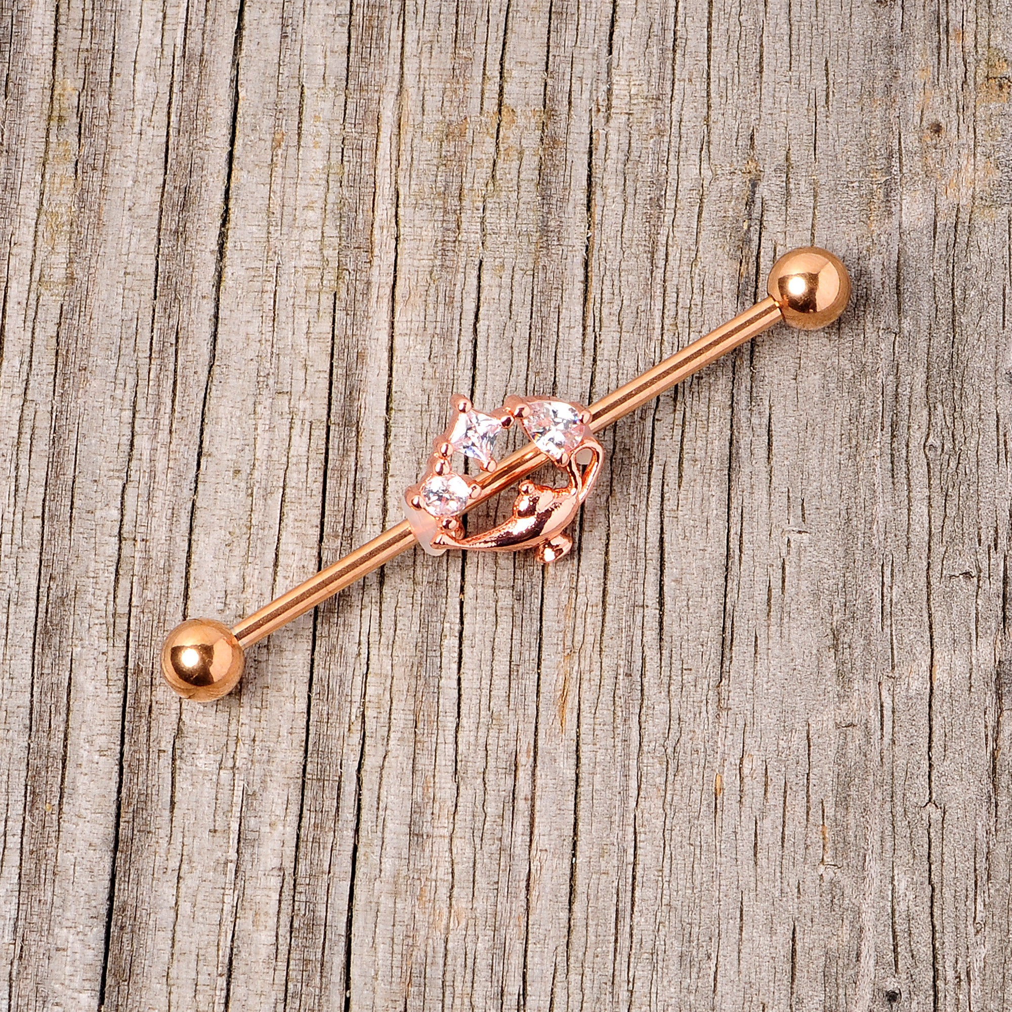 BodyCandy 14G Clear CZ Gem Rose Gold Hue Genie Lamp Industrial Barbell 38mm — side view