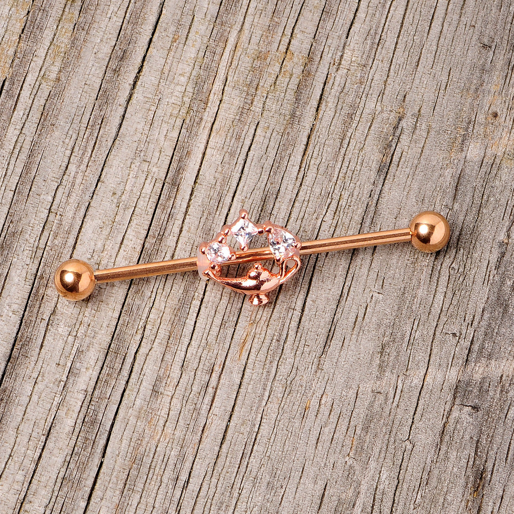 BodyCandy 14G Clear CZ Gem Rose Gold Hue Genie Lamp Industrial Barbell 38mm — back view