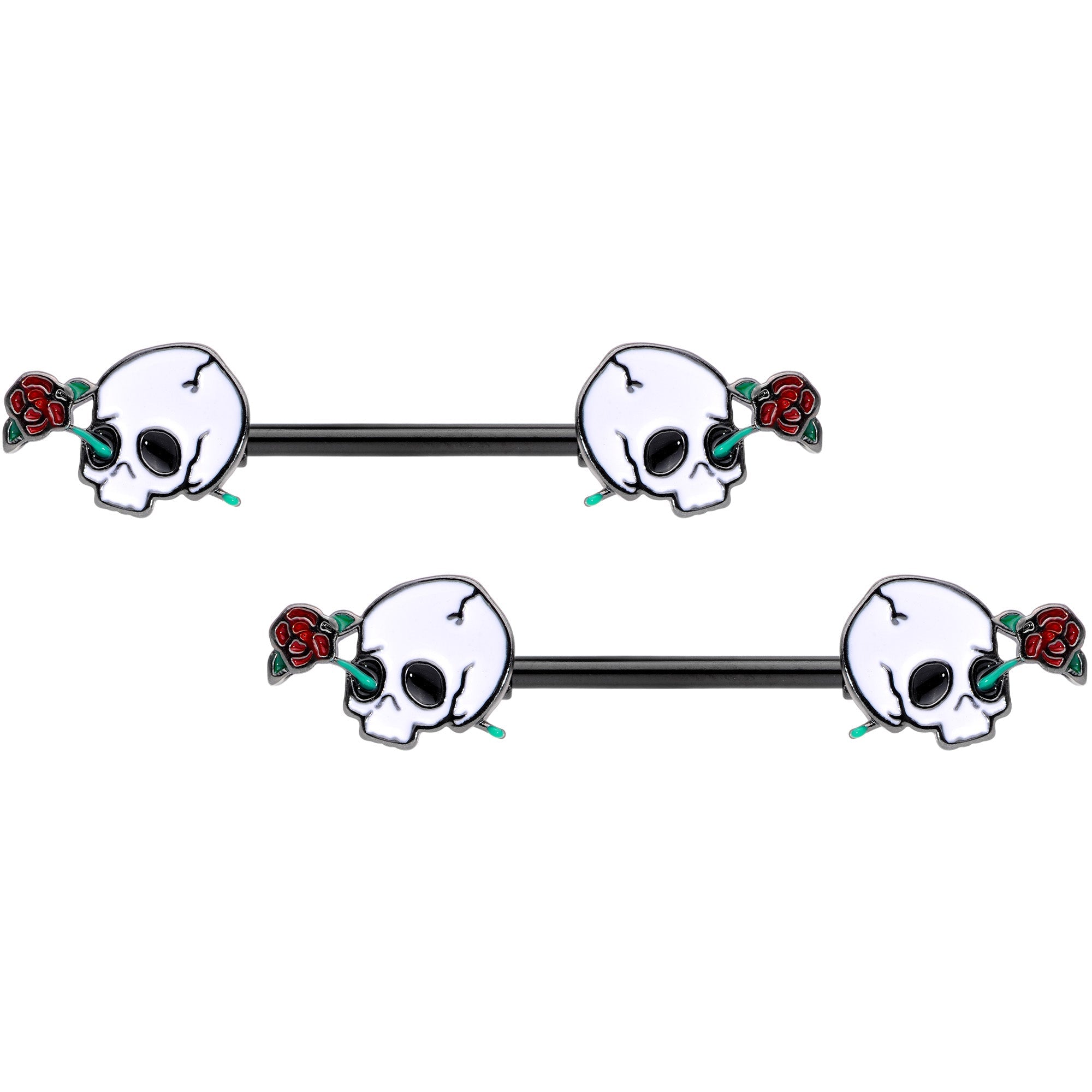 BodyCandy 14G 9/16 Black PVD Rose Scary Skull Halloween Nipple Ring Set — main product shot