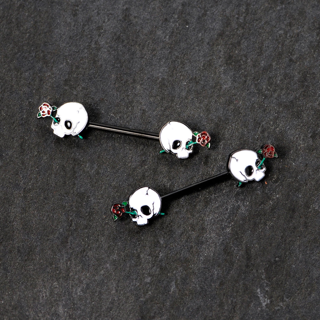 BodyCandy 14G 9/16 Black PVD Rose Scary Skull Halloween Nipple Ring Set — detail close-up