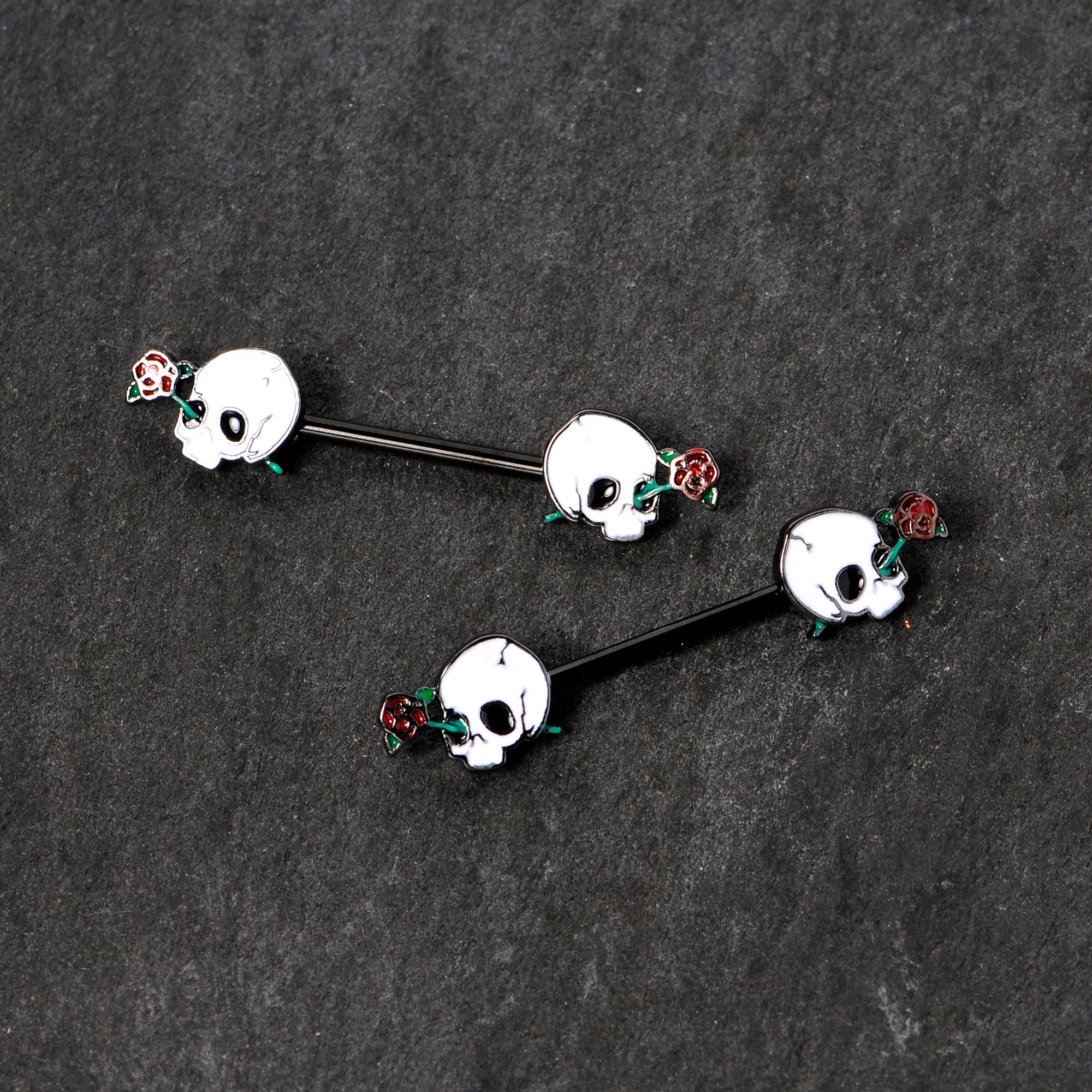 BodyCandy 14G 9/16 Black PVD Rose Scary Skull Halloween Nipple Ring Set — detail close-up