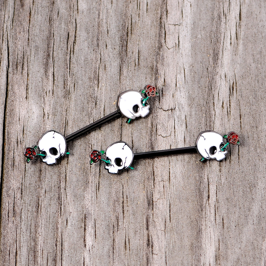 BodyCandy 14G 9/16 Black PVD Rose Scary Skull Halloween Nipple Ring Set — lifestyle context