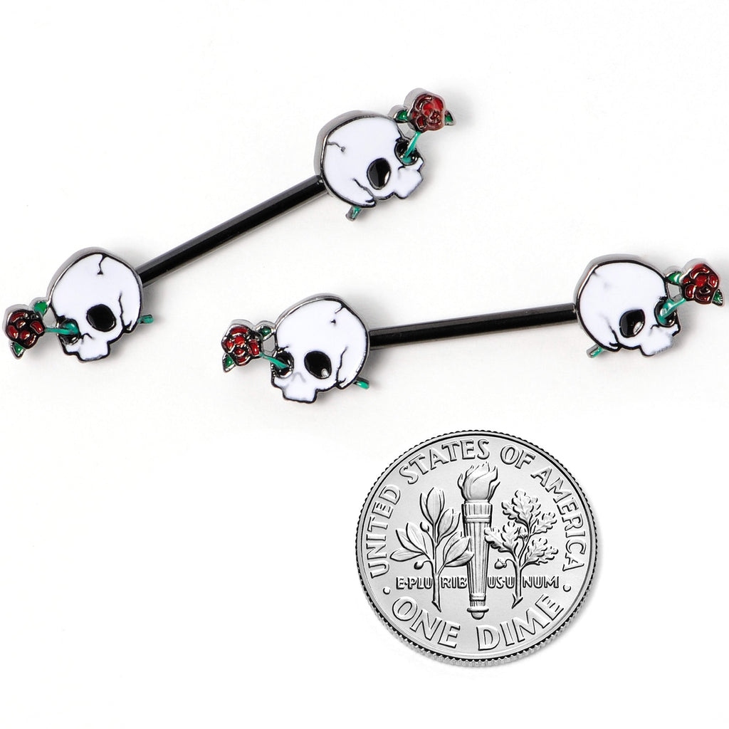 BodyCandy 14G 9/16 Black PVD Rose Scary Skull Halloween Nipple Ring Set — side view