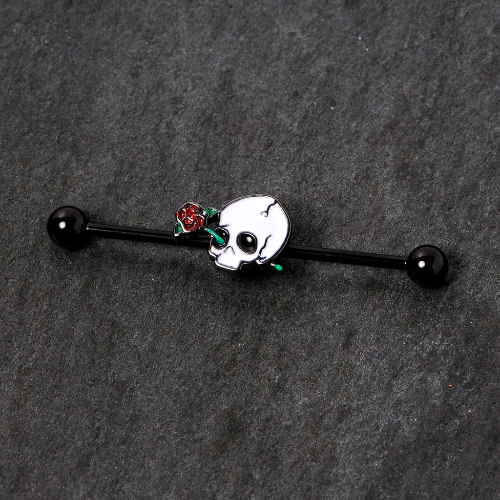 BodyCandy 14G Black PVD Rose Skull Halloween Industrial Barbell 38mm — detail close-up