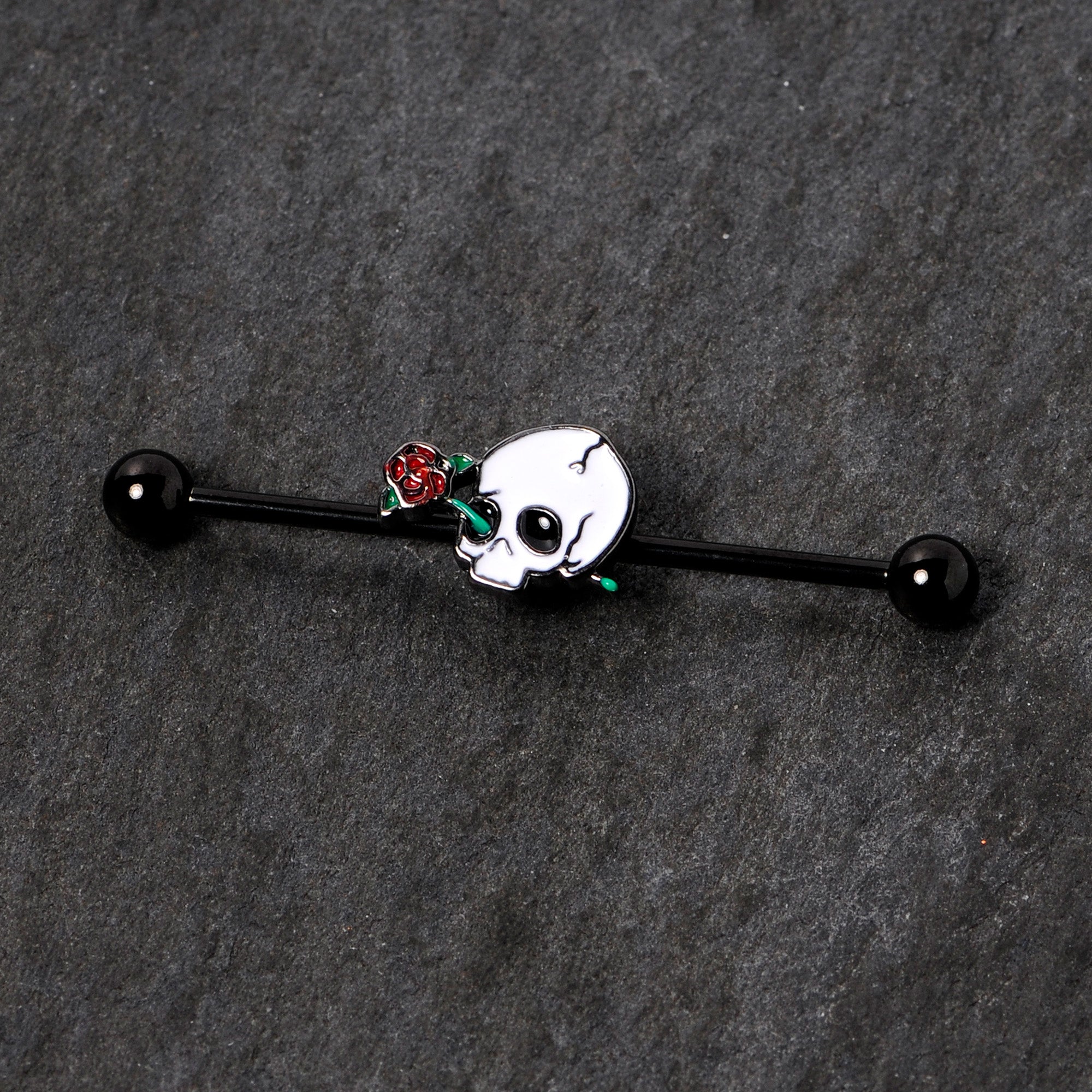 BodyCandy 14G Black PVD Rose Skull Halloween Industrial Barbell 38mm — detail close-up