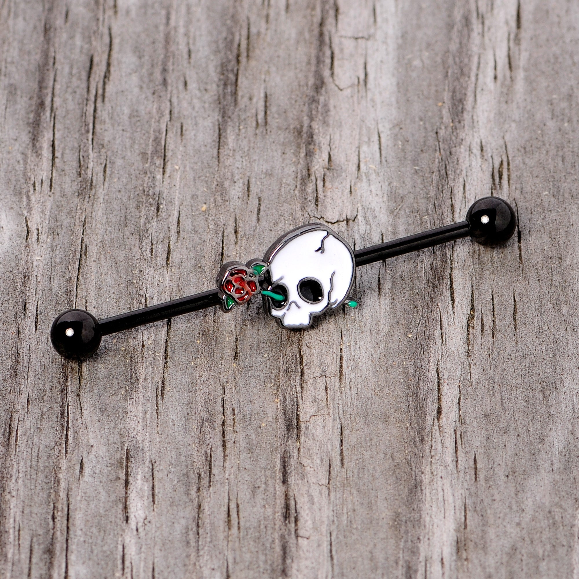 BodyCandy 14G Black PVD Rose Skull Halloween Industrial Barbell 38mm — lifestyle context
