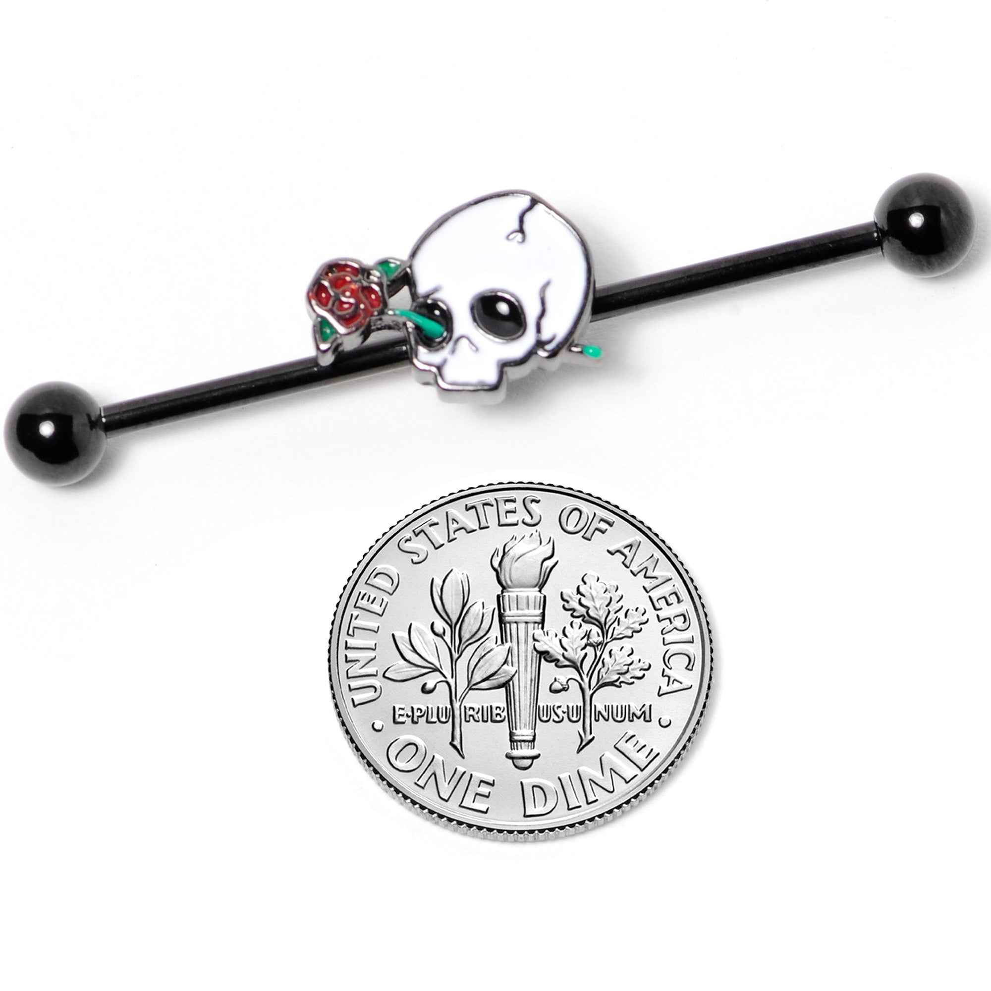 BodyCandy 14G Black PVD Rose Skull Halloween Industrial Barbell 38mm — side view