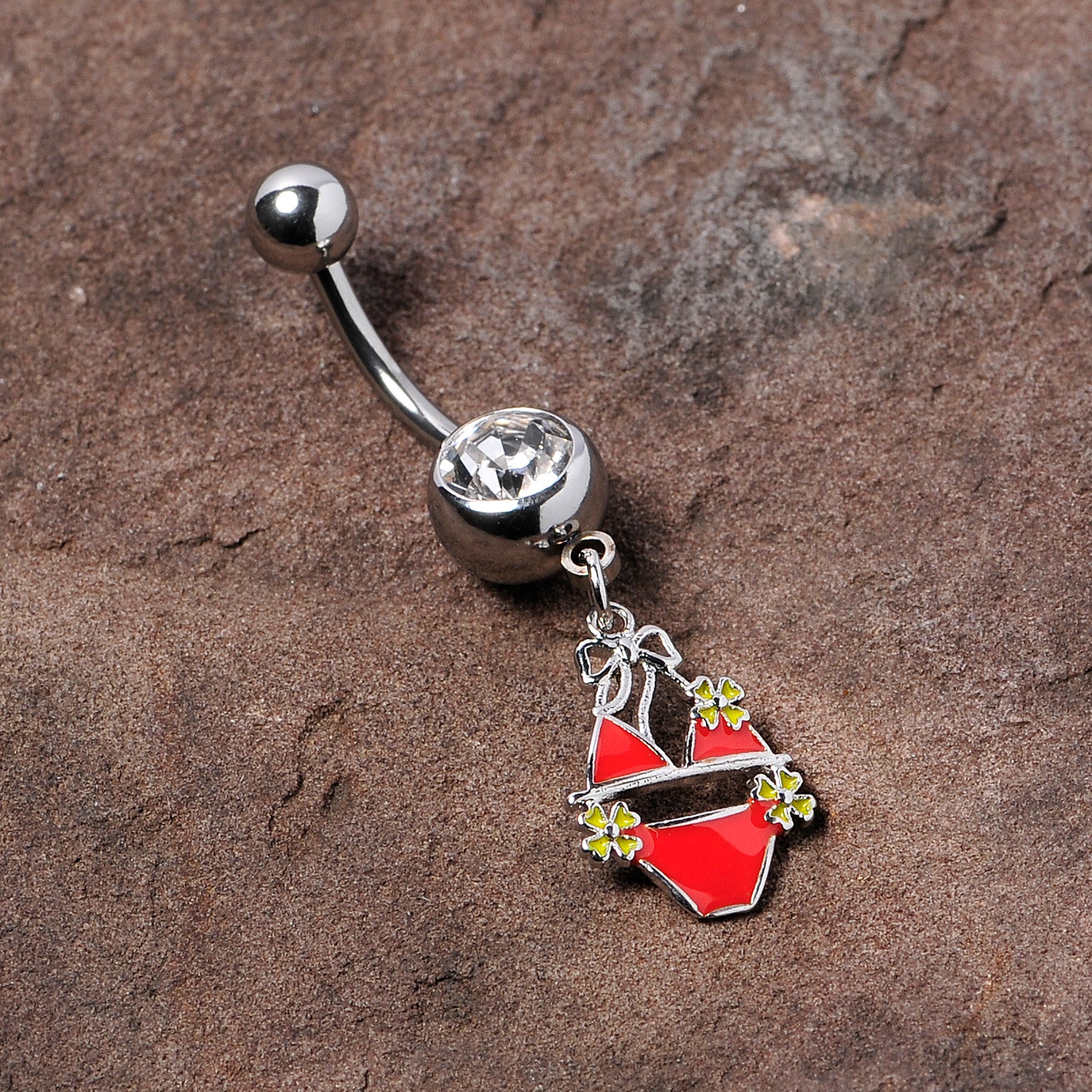 BodyCandy Clear Gem Red Itty Bitty Bikini Dangle Belly Ring — detail close-up