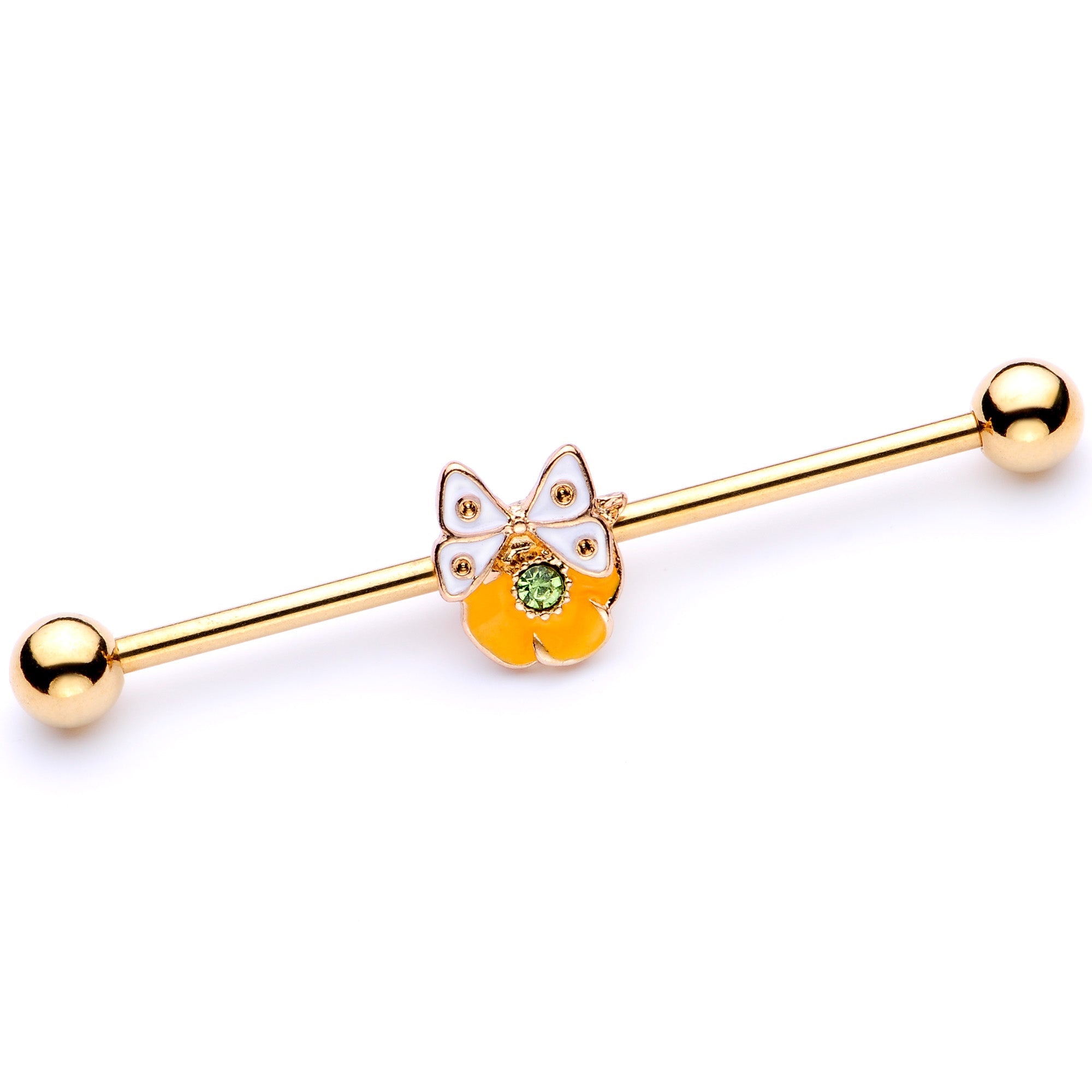 BodyCandy 14G Green Gem Gold Tone Butterfly Flower Industrial Barbell 38mm — main product shot