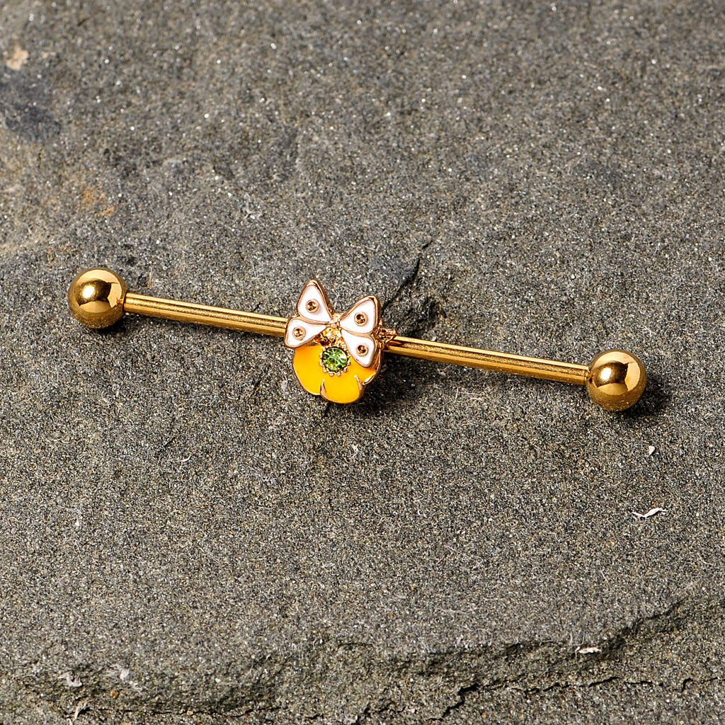 BodyCandy 14G Green Gem Gold Tone Butterfly Flower Industrial Barbell 38mm — detail close-up