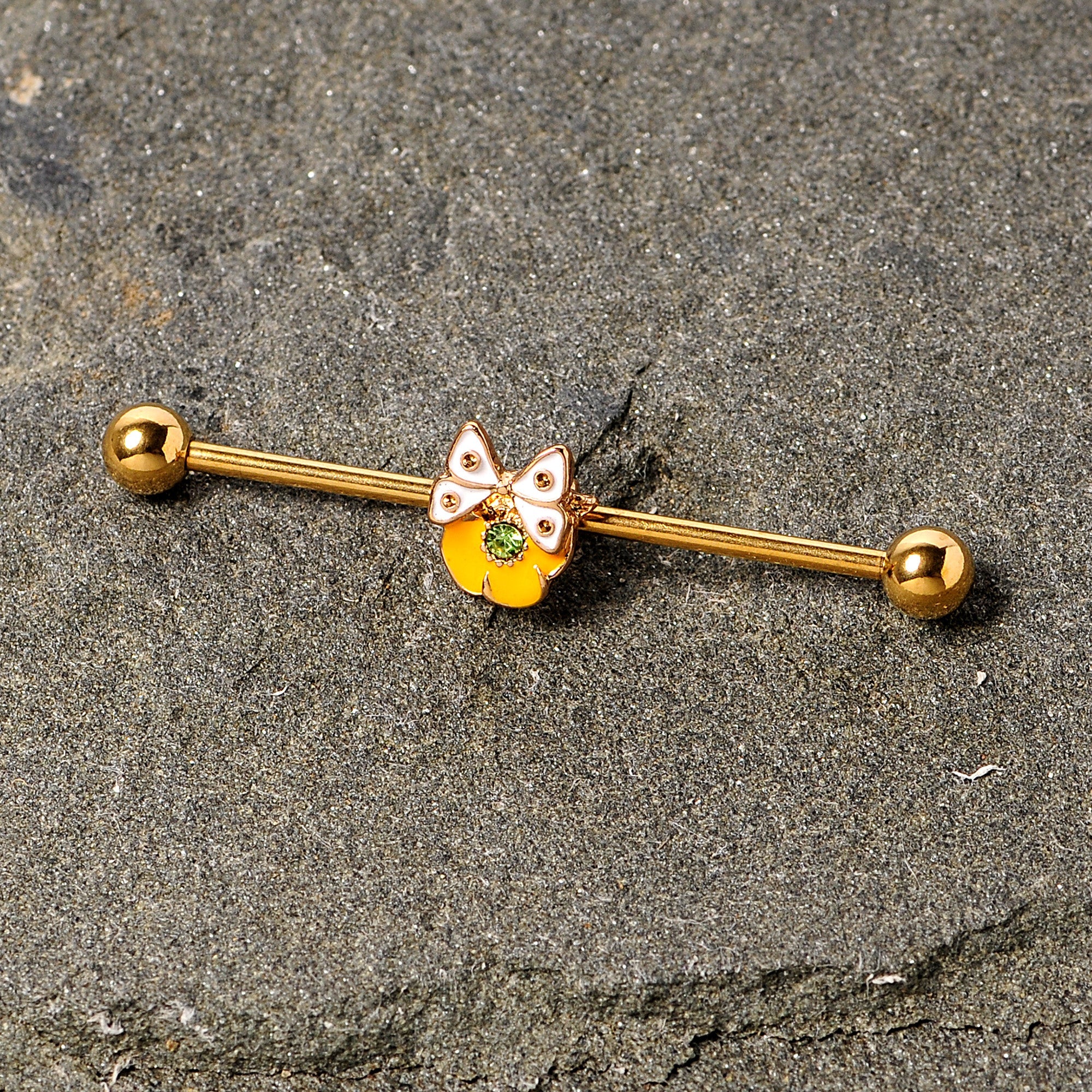 BodyCandy 14G Green Gem Gold Tone Butterfly Flower Industrial Barbell 38mm — detail close-up