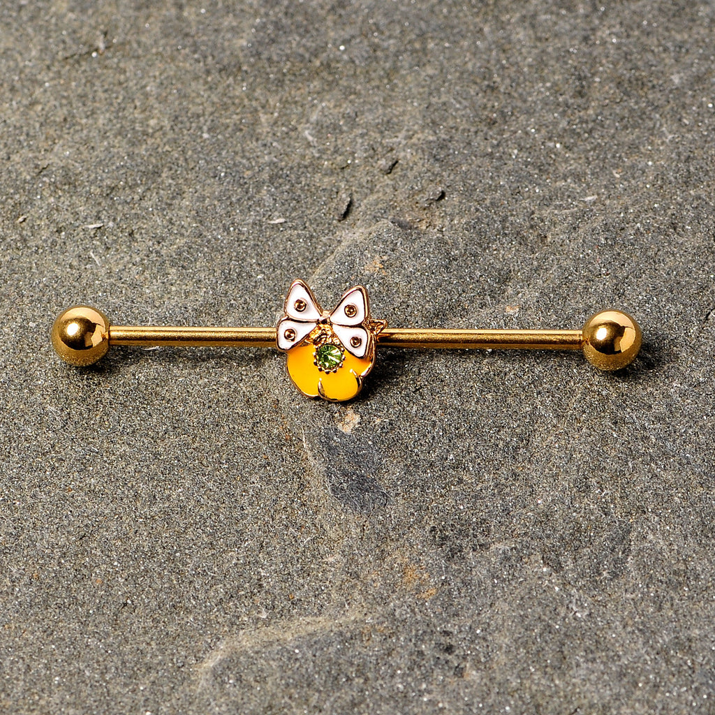 BodyCandy 14G Green Gem Gold Tone Butterfly Flower Industrial Barbell 38mm — lifestyle context