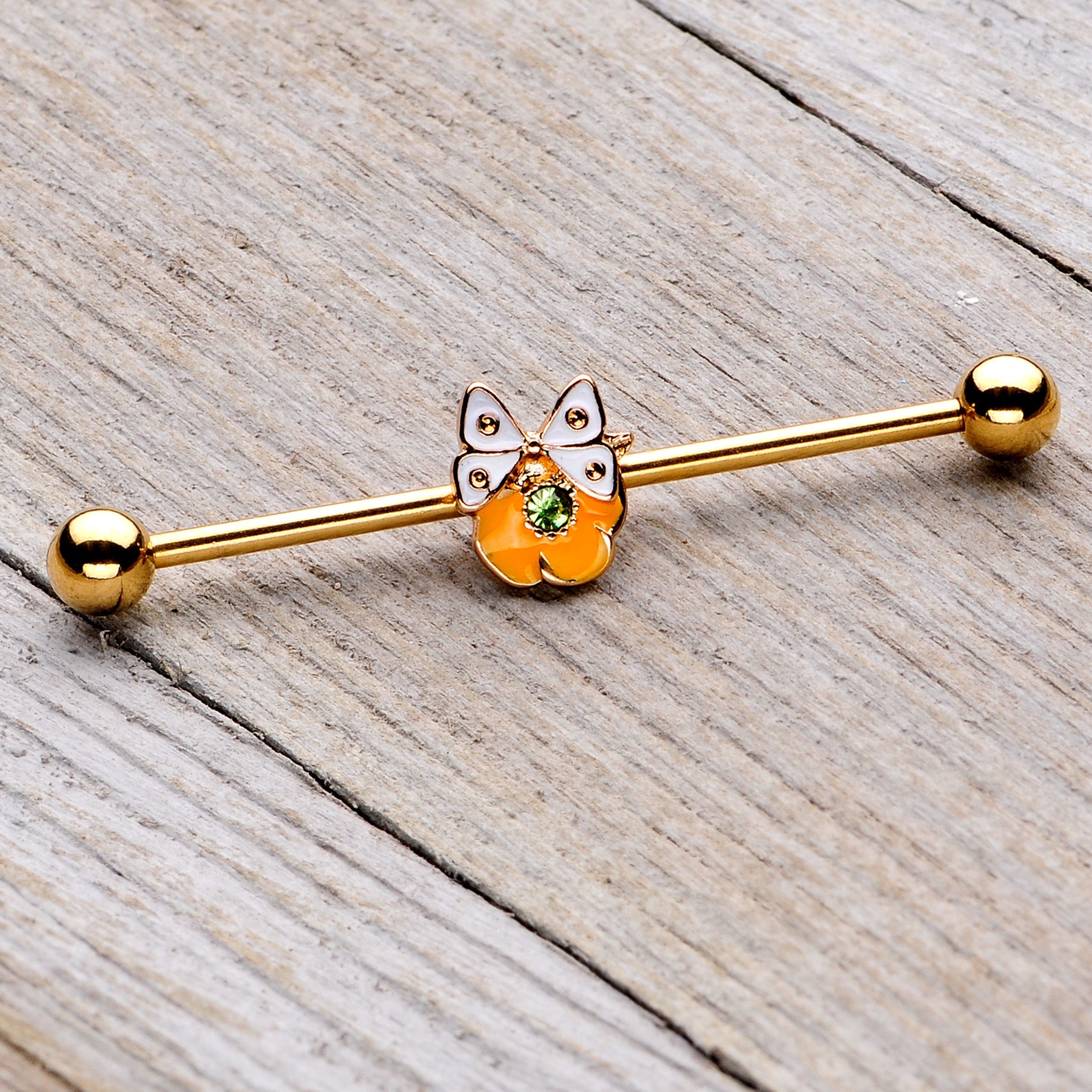 BodyCandy 14G Green Gem Gold Tone Butterfly Flower Industrial Barbell 38mm — side view