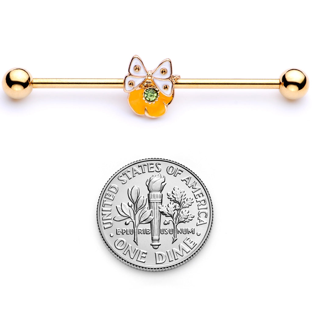 BodyCandy 14G Green Gem Gold Tone Butterfly Flower Industrial Barbell 38mm — back view