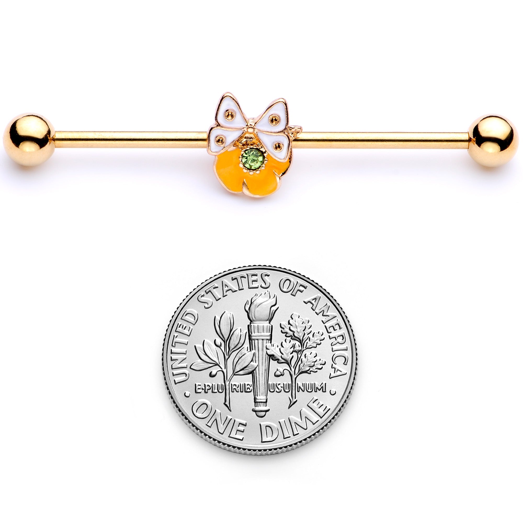 BodyCandy 14G Green Gem Gold Tone Butterfly Flower Industrial Barbell 38mm — back view