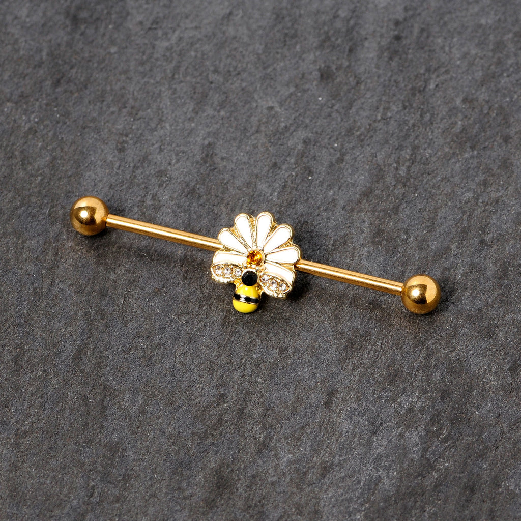 BodyCandy 14G Gold Tone Flower Daisy Bee Industrial Barbell 38mm — detail close-up