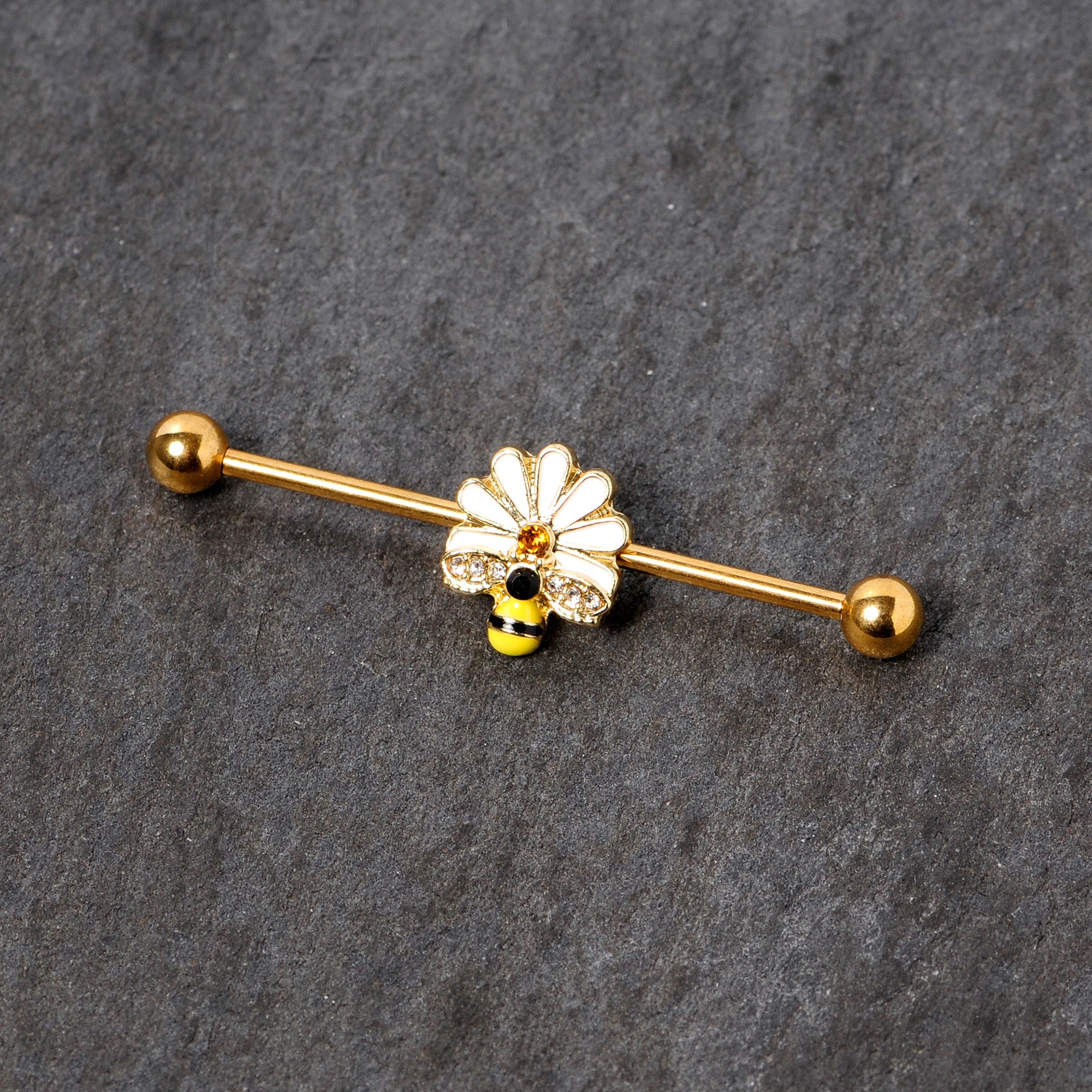 BodyCandy 14G Gold Tone Flower Daisy Bee Industrial Barbell 38mm — detail close-up