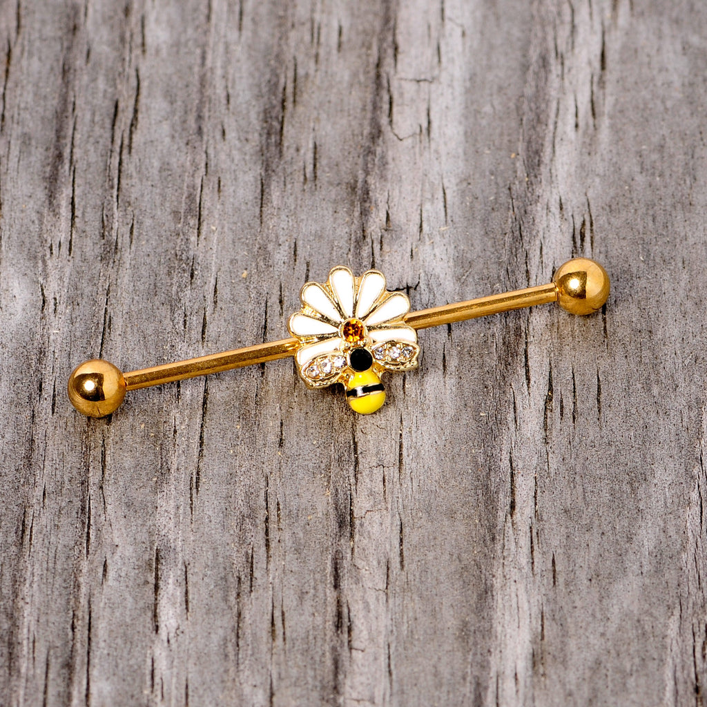 BodyCandy 14G Gold Tone Flower Daisy Bee Industrial Barbell 38mm — lifestyle context