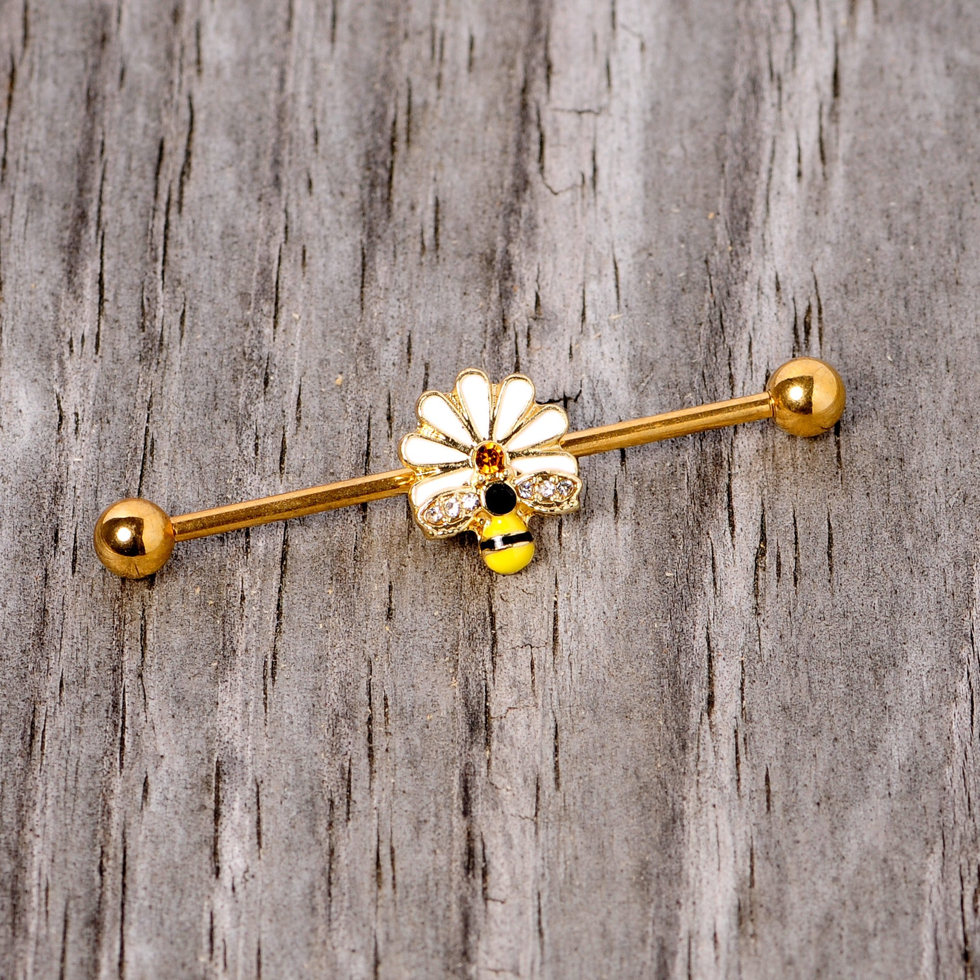 BodyCandy 14G Gold Tone Flower Daisy Bee Industrial Barbell 38mm — lifestyle context