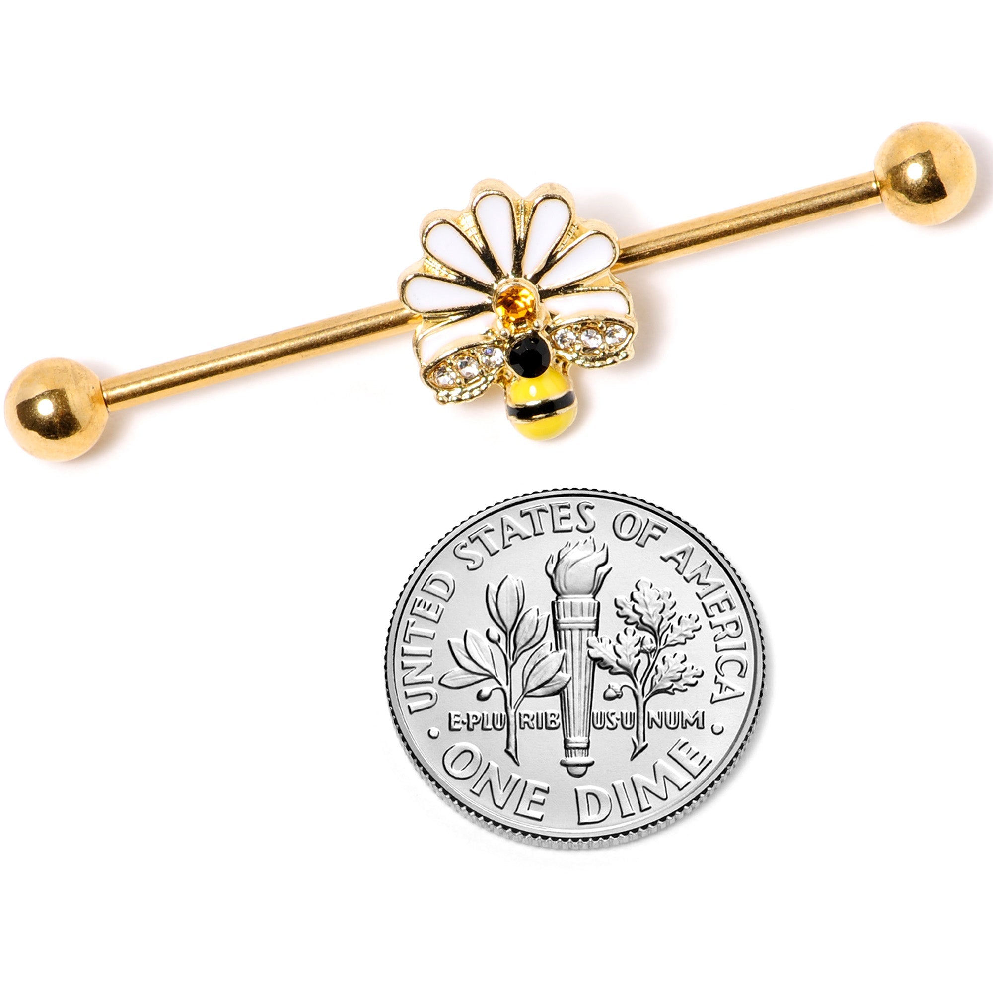 BodyCandy 14G Gold Tone Flower Daisy Bee Industrial Barbell 38mm — side view