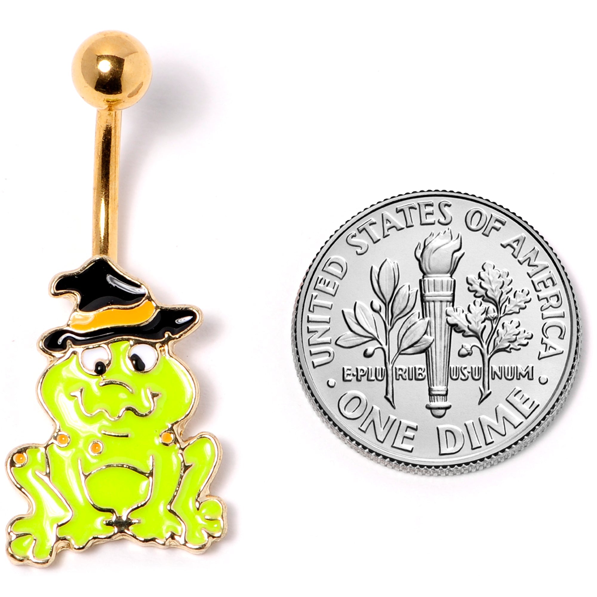 BodyCandy Gold Tone Ghastly Green Frog Witch Hat Halloween Belly Ring — detail close-up