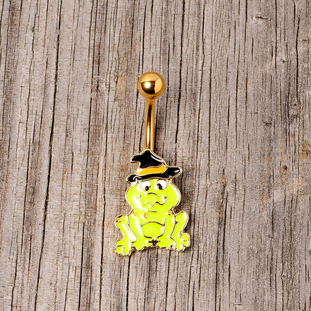 BodyCandy Gold Tone Ghastly Green Frog Witch Hat Halloween Belly Ring — side view
