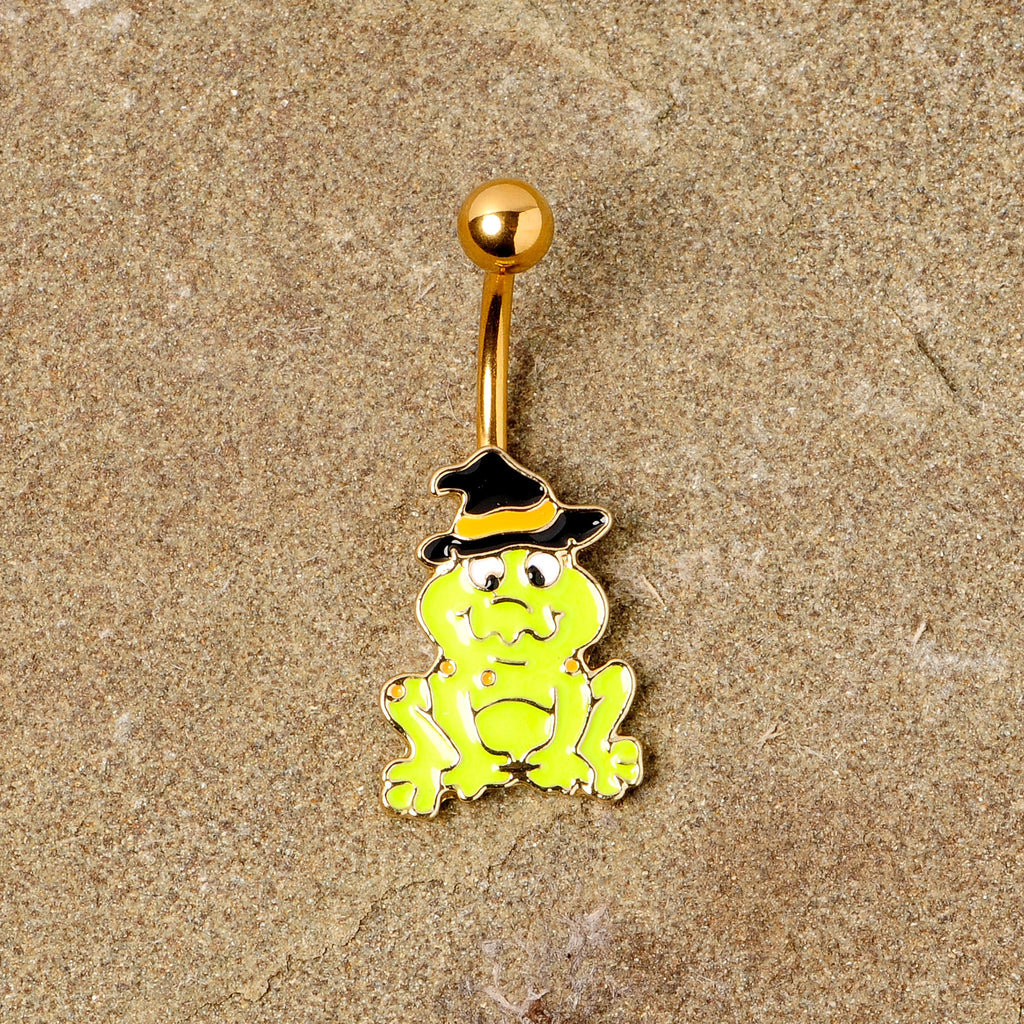 BodyCandy Gold Tone Ghastly Green Frog Witch Hat Halloween Belly Ring — back view