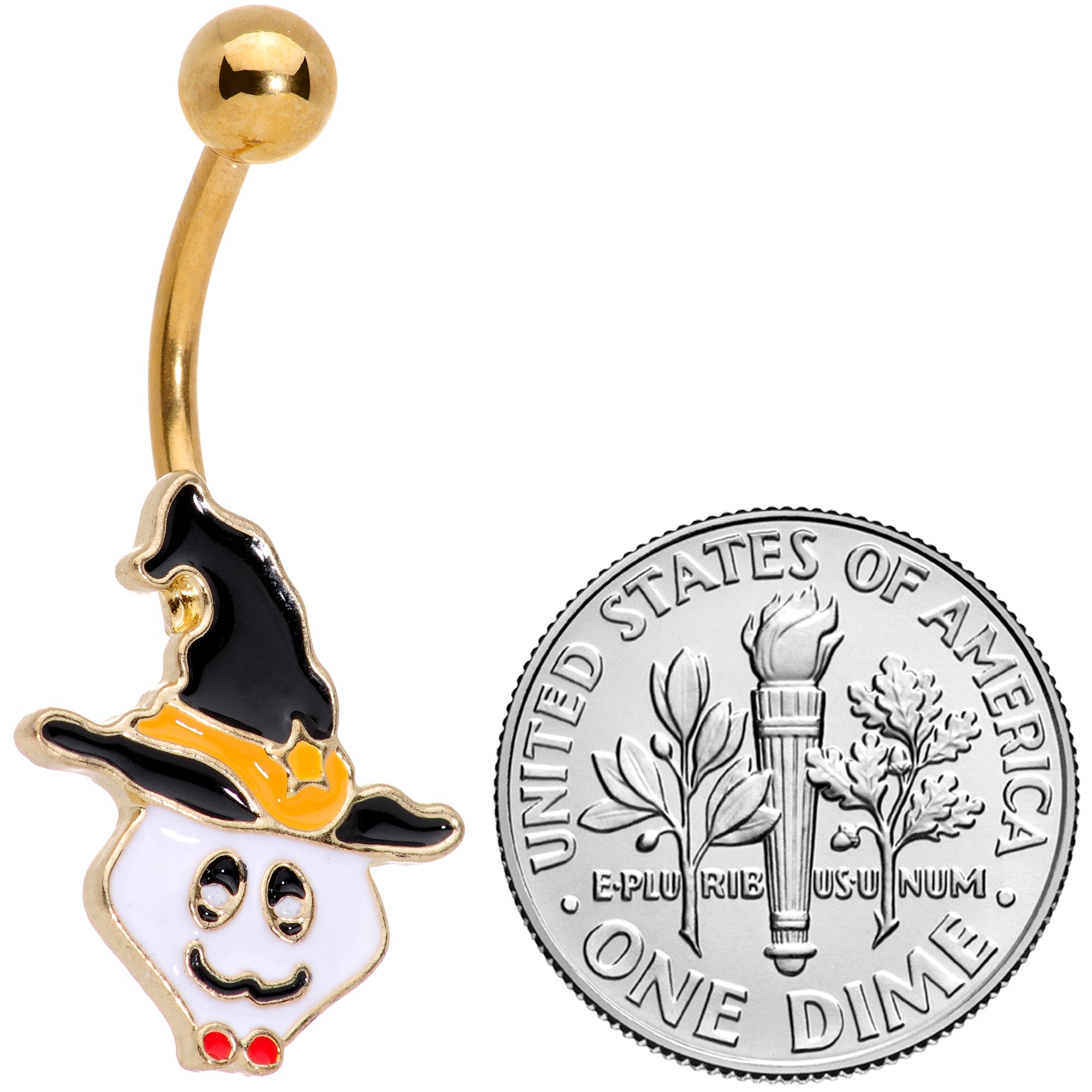 BodyCandy Gold Tone Spooky Ghost Witch Hat Halloween Belly Ring — detail close-up