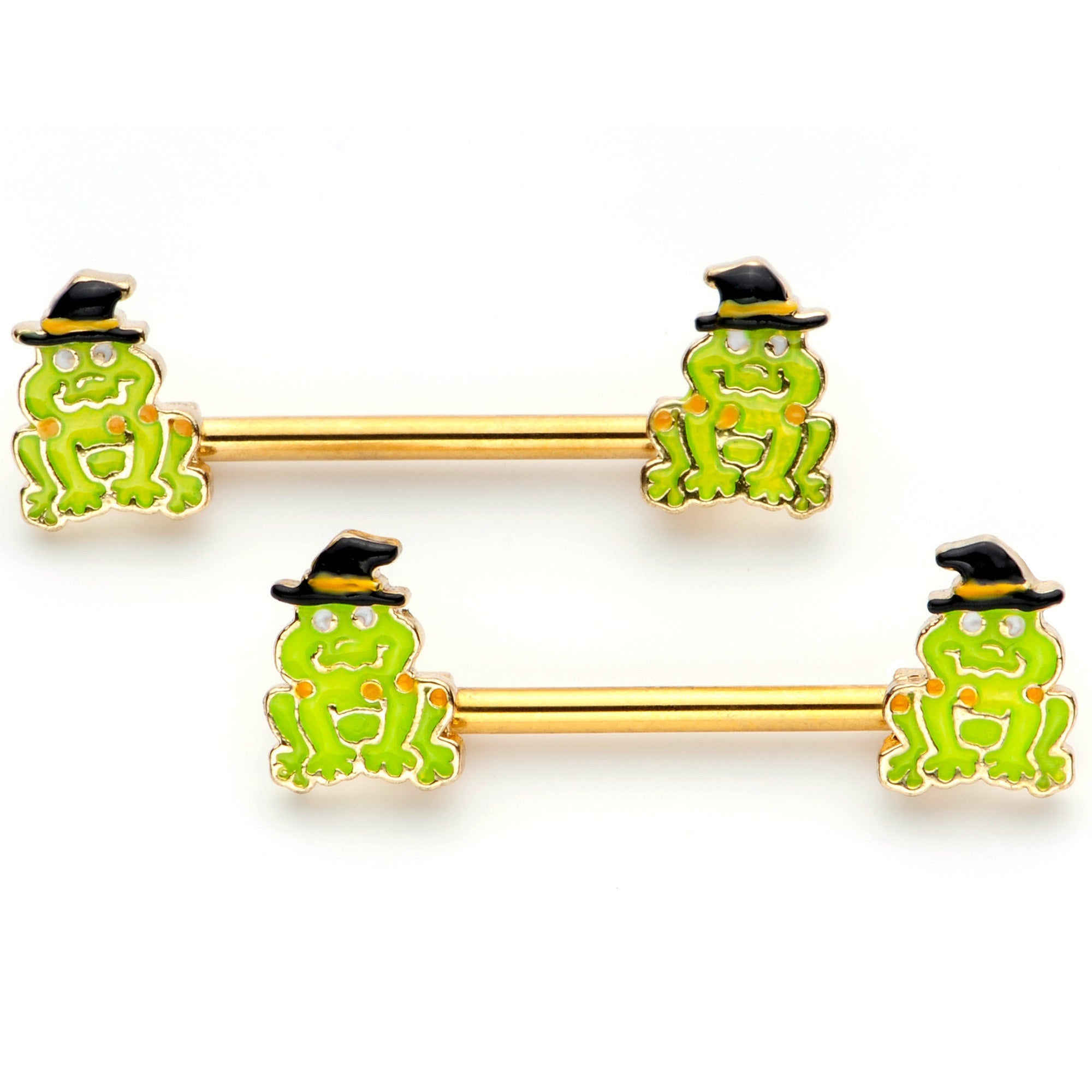 BodyCandy 14G 9/16 Gold Tone Frog Witch Halloween Barbell Nipple Ring Set — main product shot
