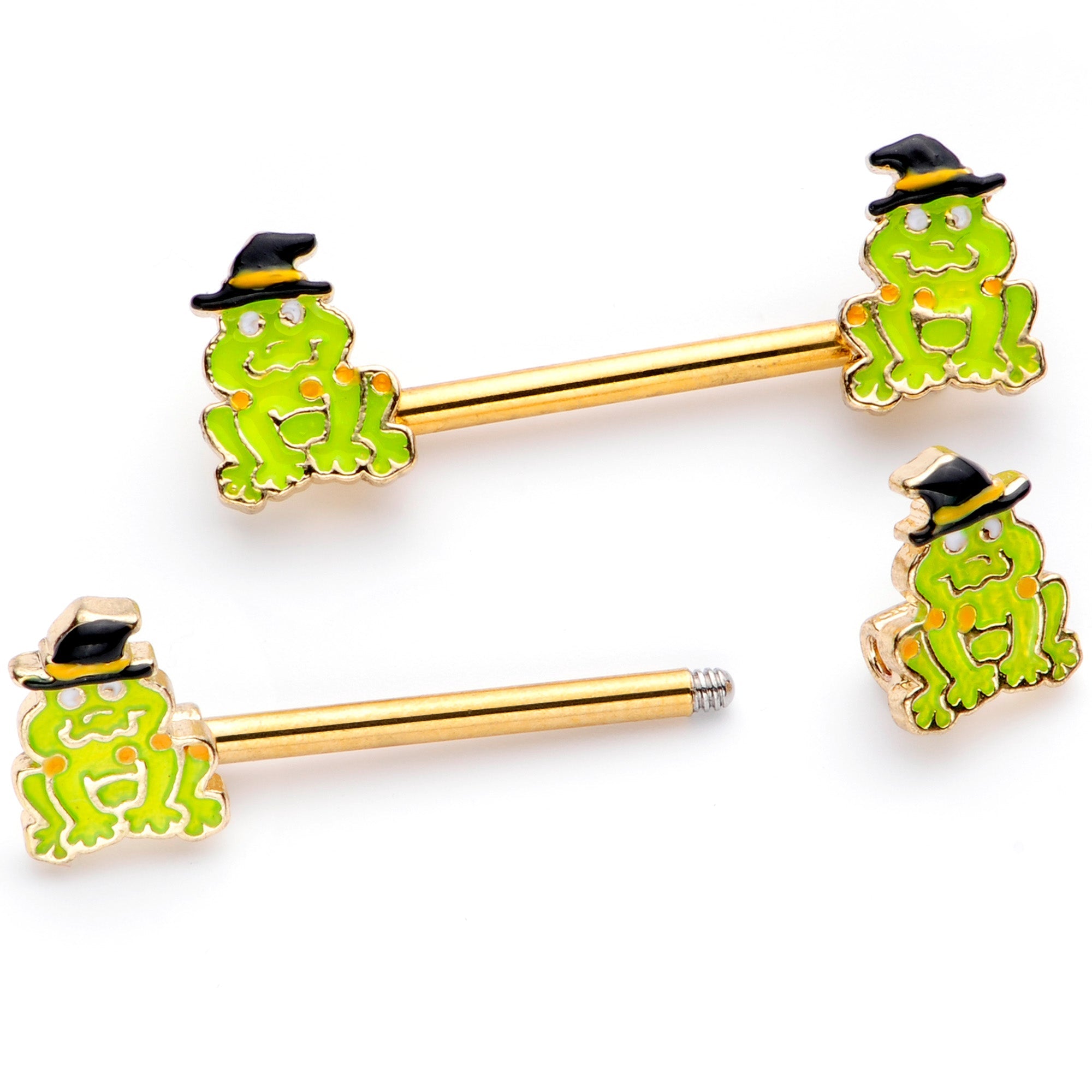 BodyCandy 14G 9/16 Gold Tone Frog Witch Halloween Barbell Nipple Ring Set — detail close-up