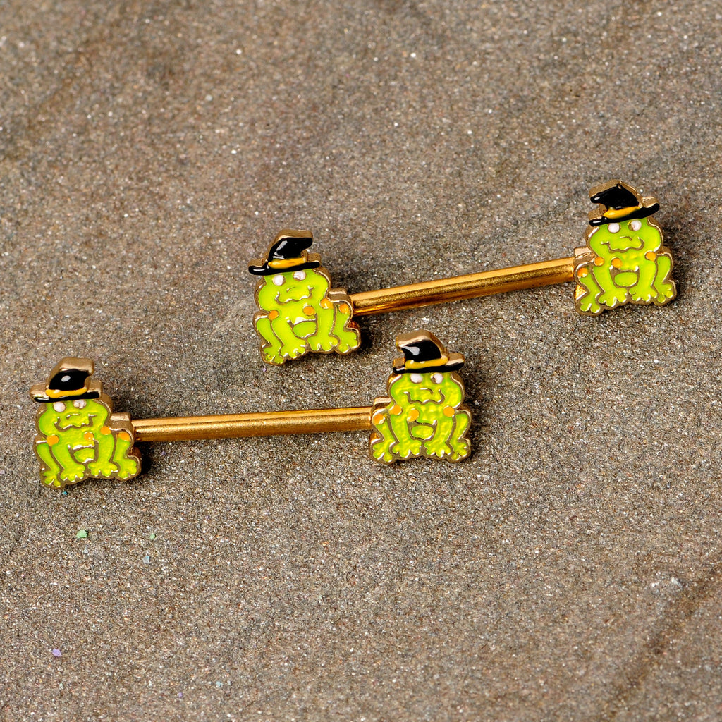 BodyCandy 14G 9/16 Gold Tone Frog Witch Halloween Barbell Nipple Ring Set — lifestyle context