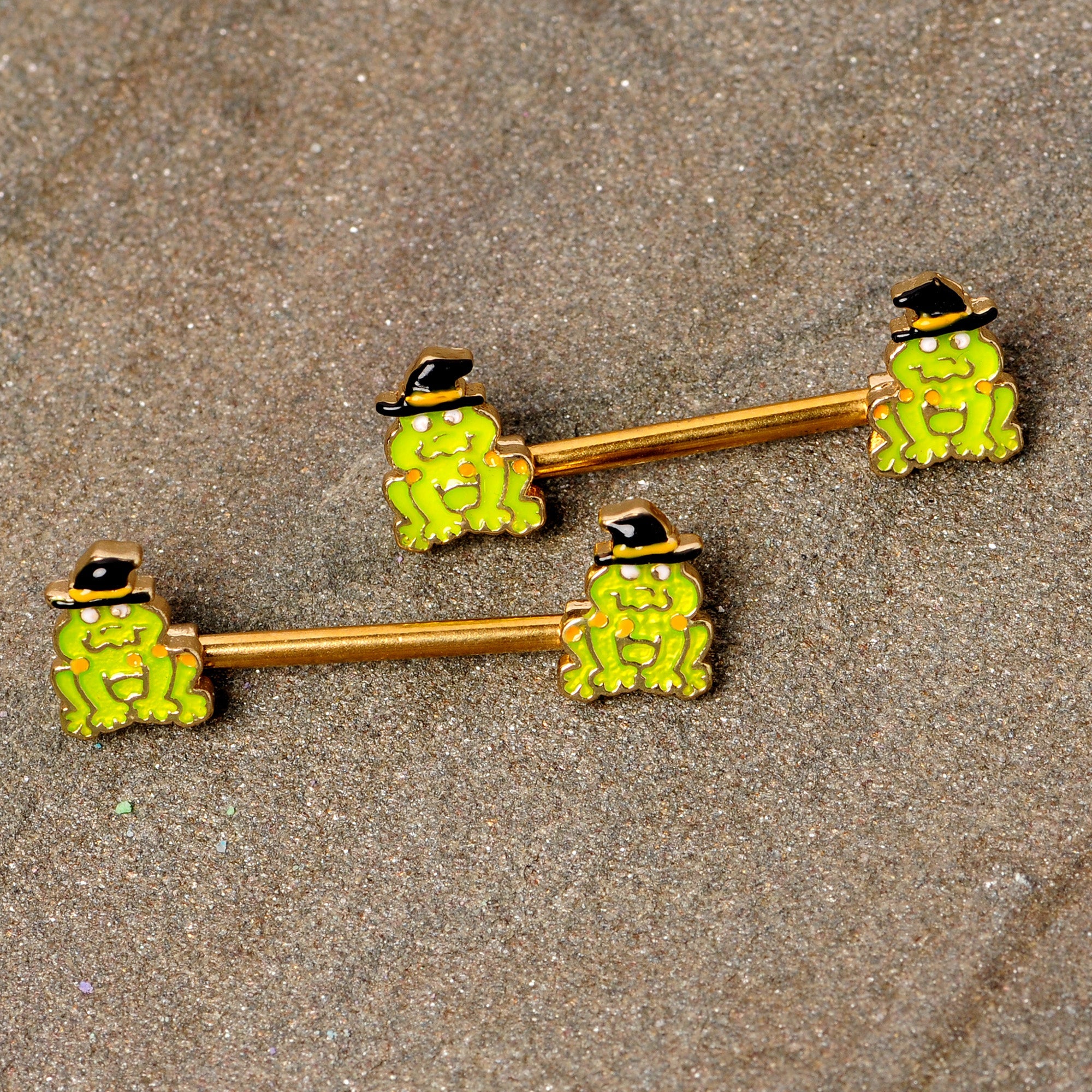 BodyCandy 14G 9/16 Gold Tone Frog Witch Halloween Barbell Nipple Ring Set — lifestyle context