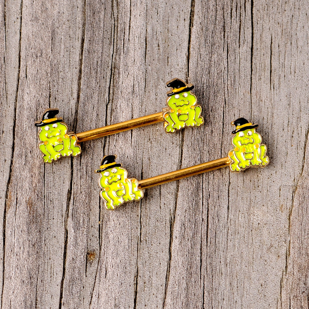 BodyCandy 14G 9/16 Gold Tone Frog Witch Halloween Barbell Nipple Ring Set — side view