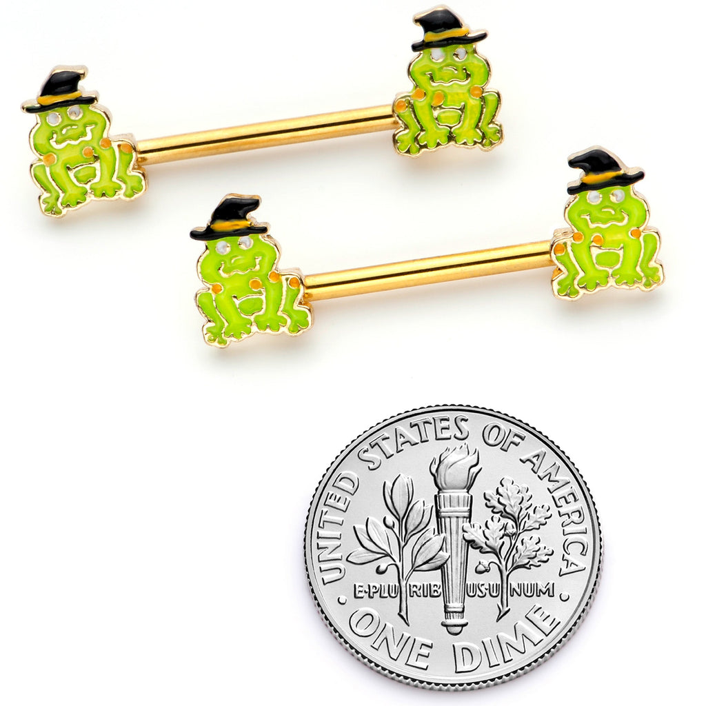 BodyCandy 14G 9/16 Gold Tone Frog Witch Halloween Barbell Nipple Ring Set — back view