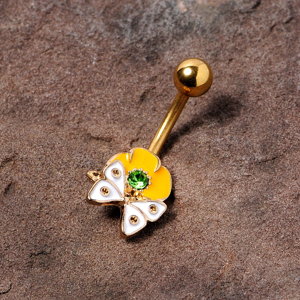 BodyCandy Green Gem Gold Tone Butterfly Flower Belly Ring — detail close-up