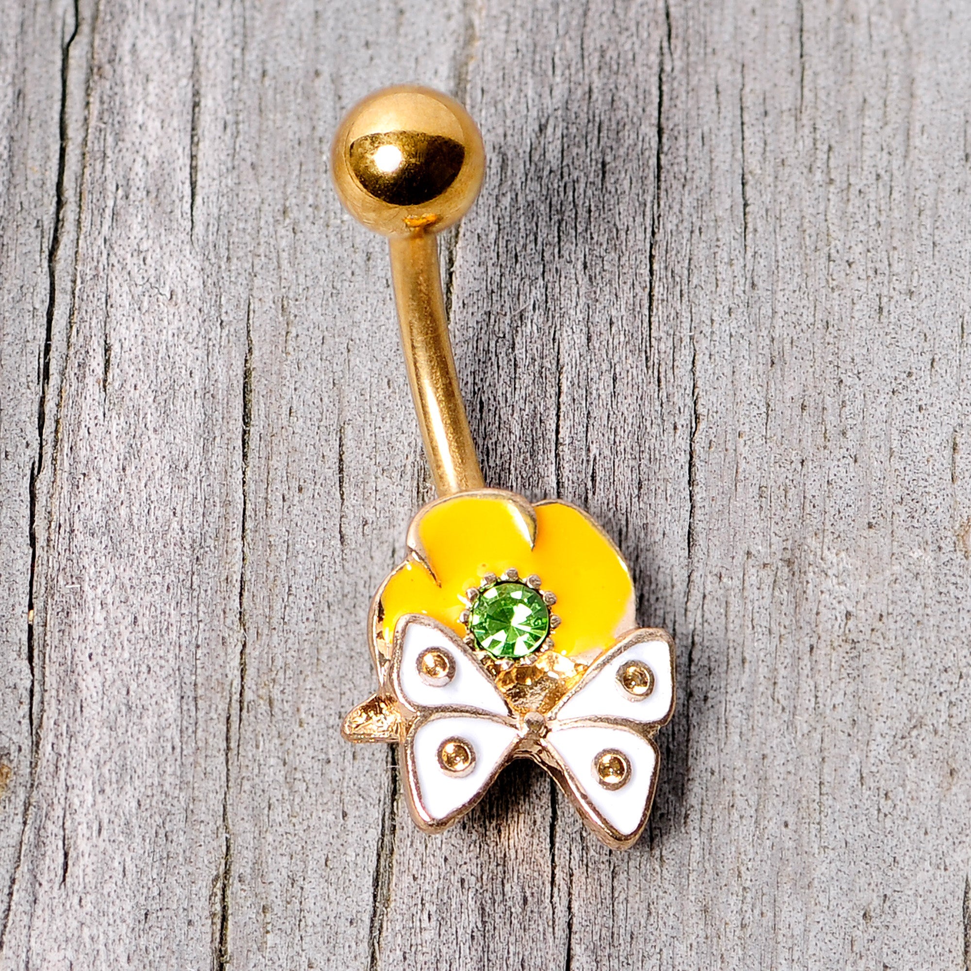 BodyCandy Green Gem Gold Tone Butterfly Flower Belly Ring — side view