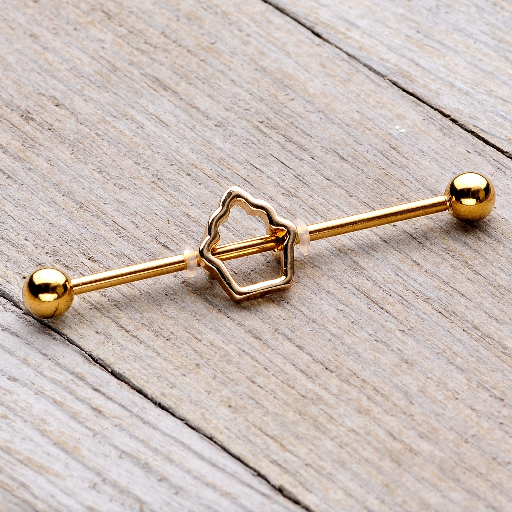BodyCandy 14G Gold Tone Hollow Cupcake Industrial Barbell 38mm — back view